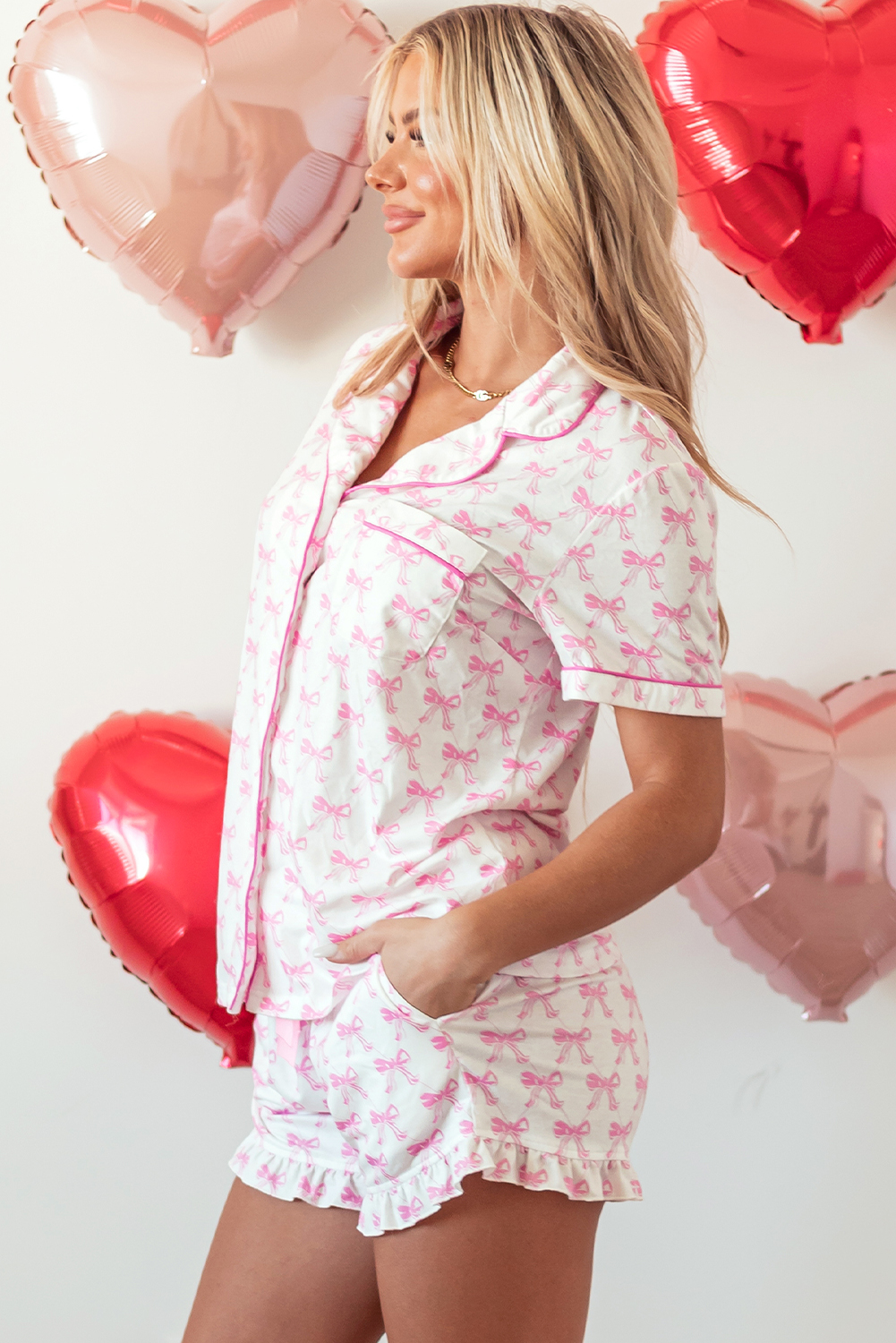 Pink Bowknot Printed Short Sleeve and Ruffled Shorts Pajama Set - Imagen 3