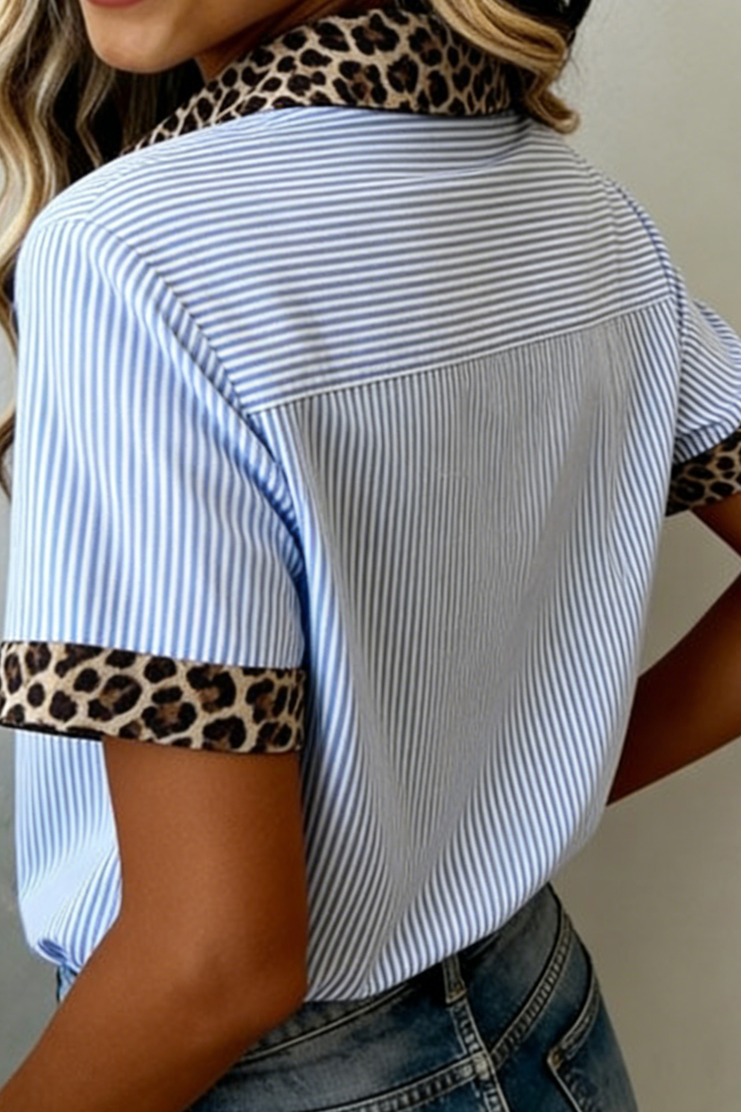 Sky Blue Stripe Leopard Contrast Collar Short Sleeve Shirt - Imagen 3