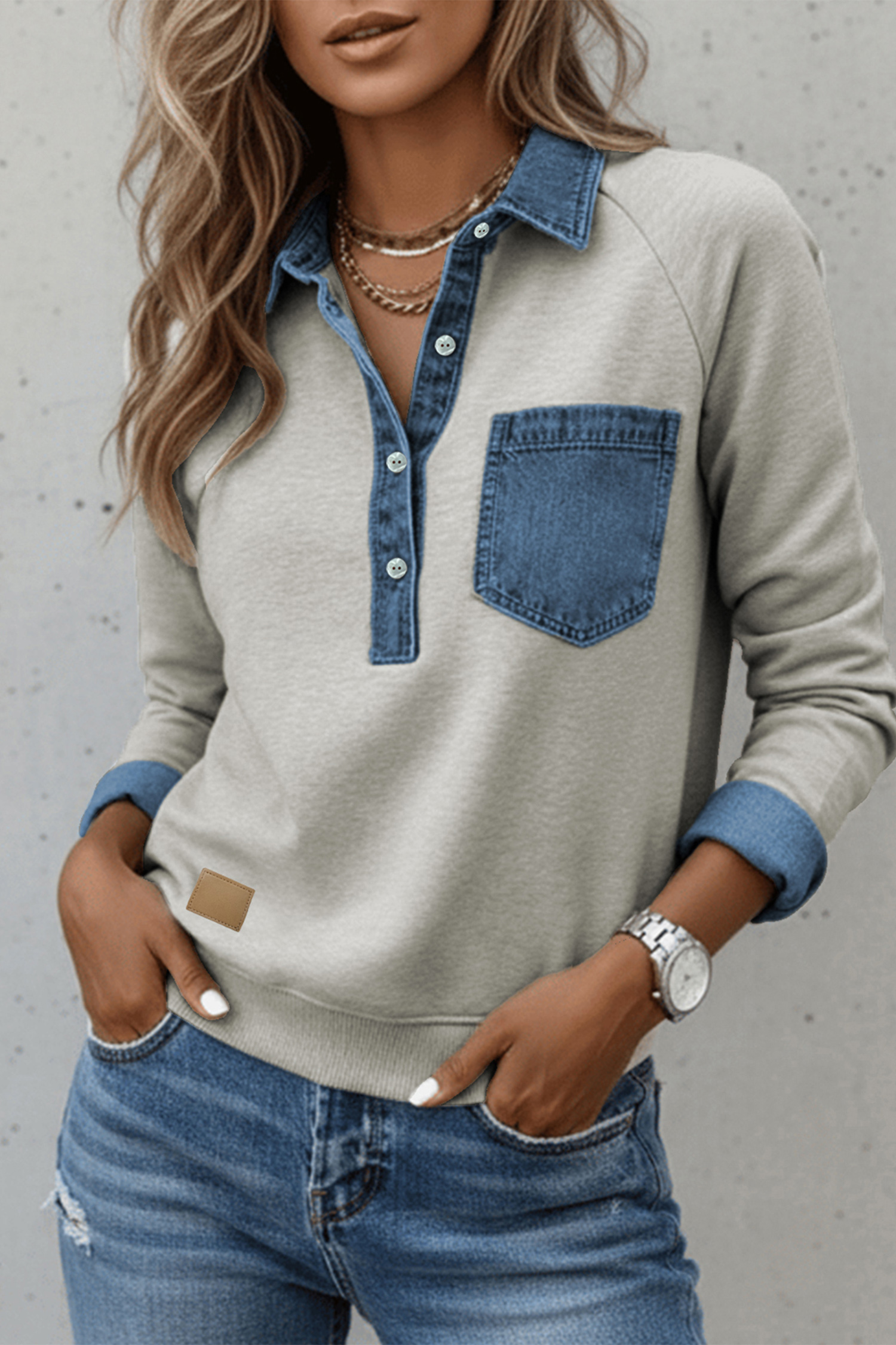 Gray Denim Collar Patchwork Long Sleeve Pullover Top - Image 4