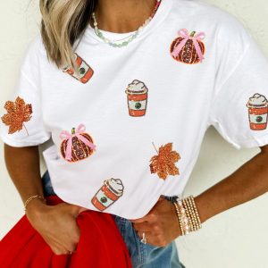 White Sequined Pumpkin Fall Graphic Casual Shift T Shirt