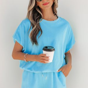 Light Blue Solid Color Puffy Loose Top Drawstring Shorts 2pcs Outfit