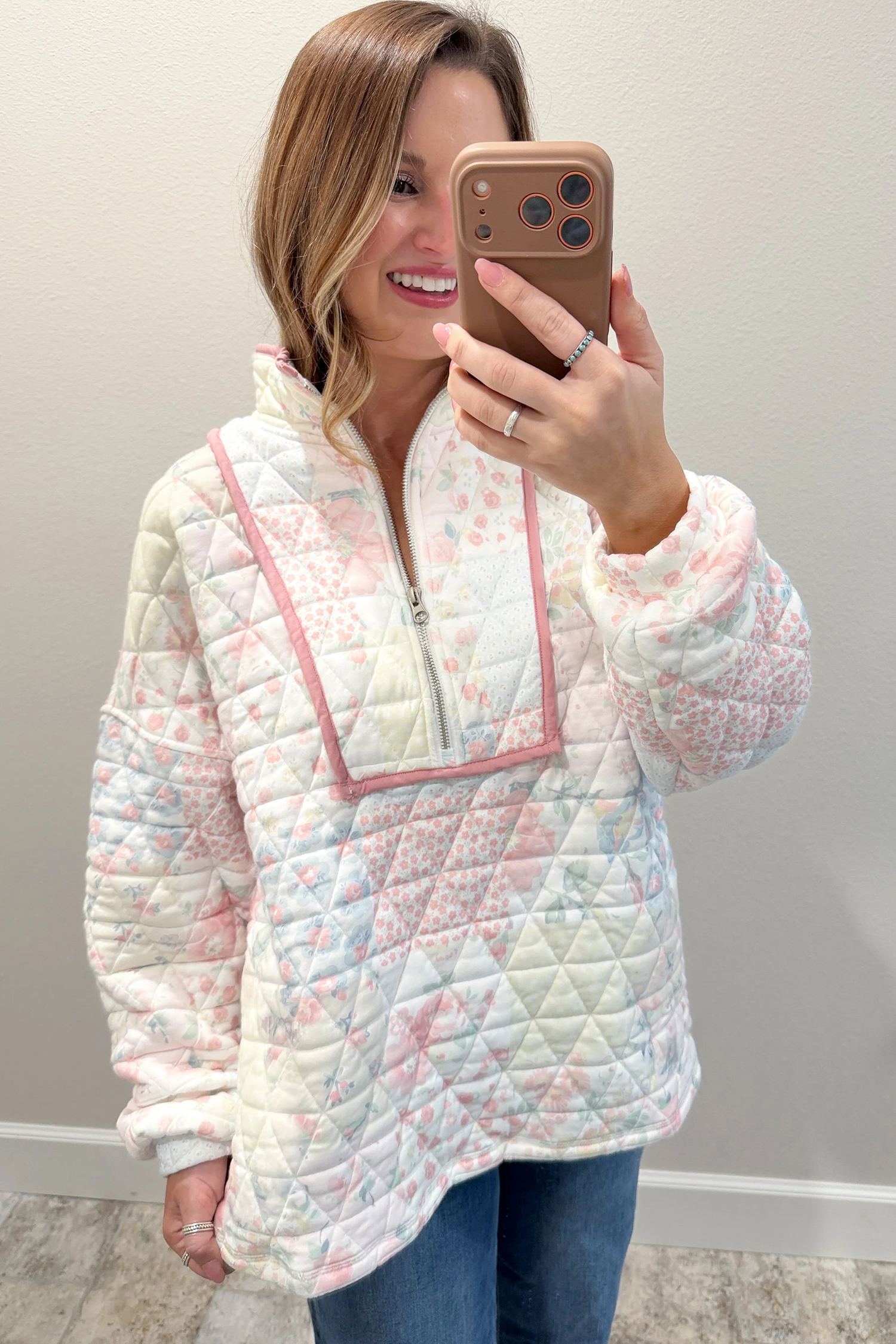 Multicolour Floral Quilted Metal Zipper Collar Long Sleeve Sweatshirt - Image 4
