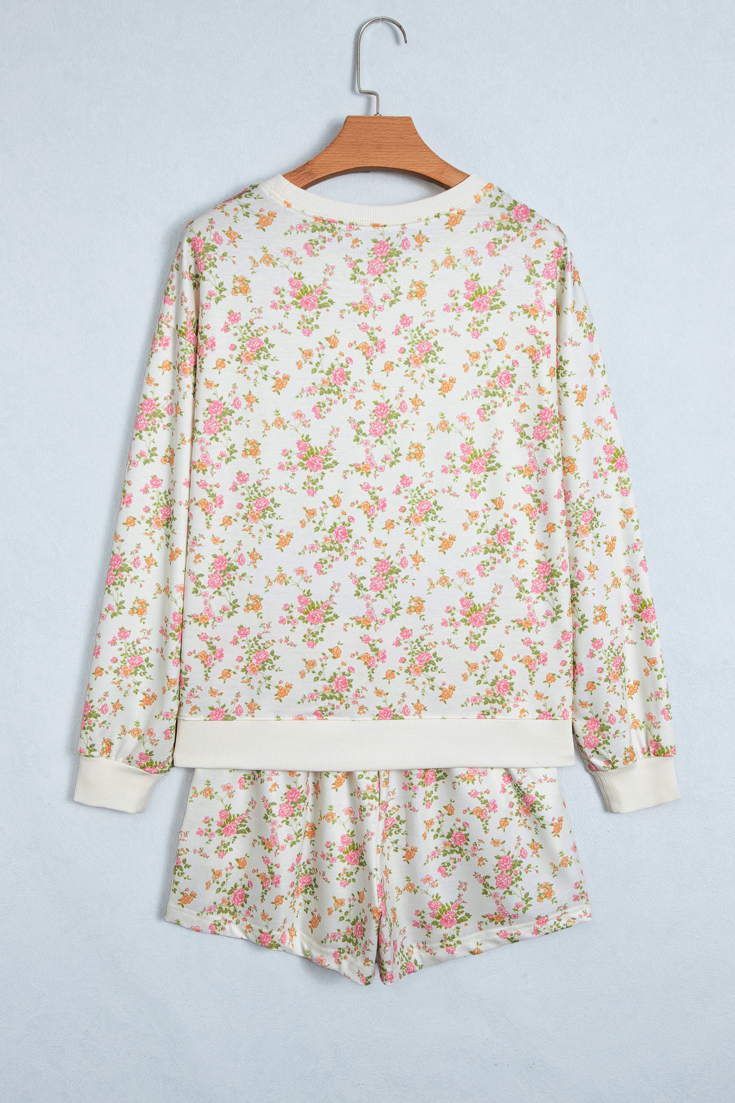 Beige Floral Print Long Sleeve Shift Top Pocketed Shorts 2pcs Set - Imagen 4