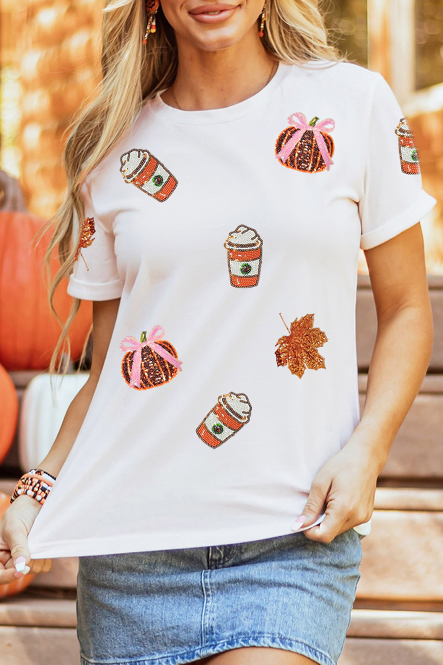 White Sequined Pumpkin Fall Graphic Casual Shift T Shirt - Image 6