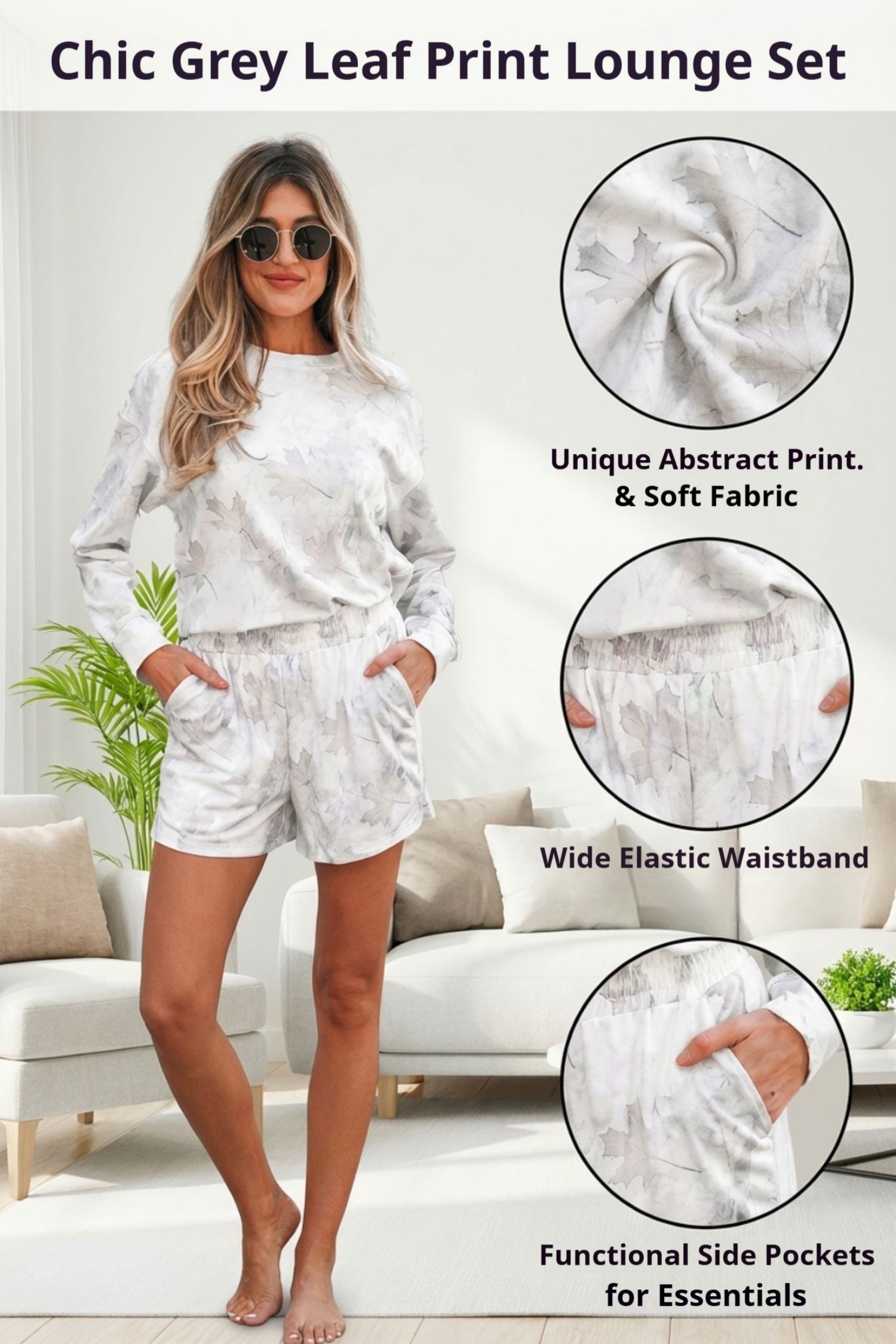 Beige Maple Camo Print Pullover Top and Elastic Waist Casual Short Set - Image 3