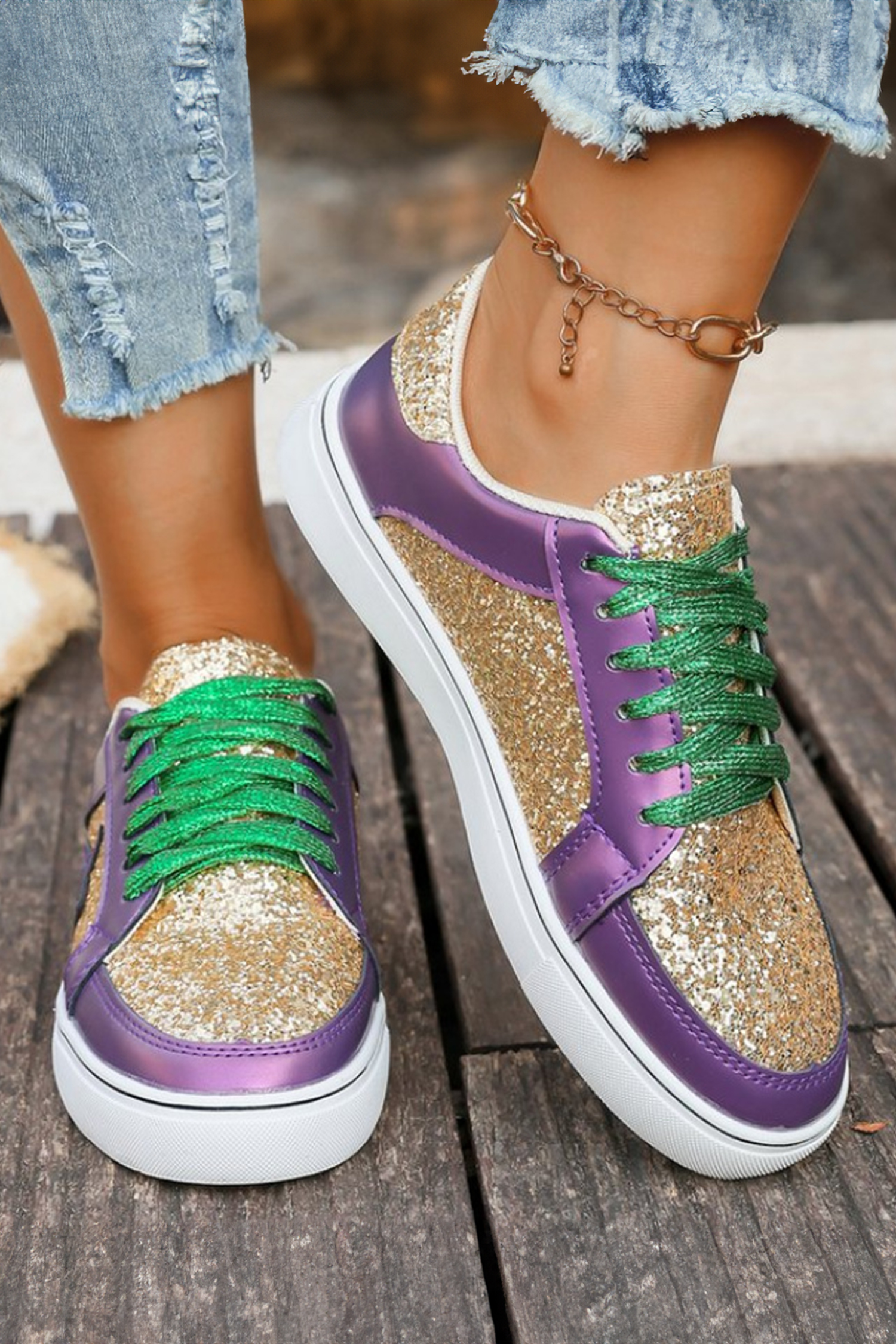 Dearlove Gold Glitter Star Patchwork PU Leather Lace-up Sneakers - Image 8