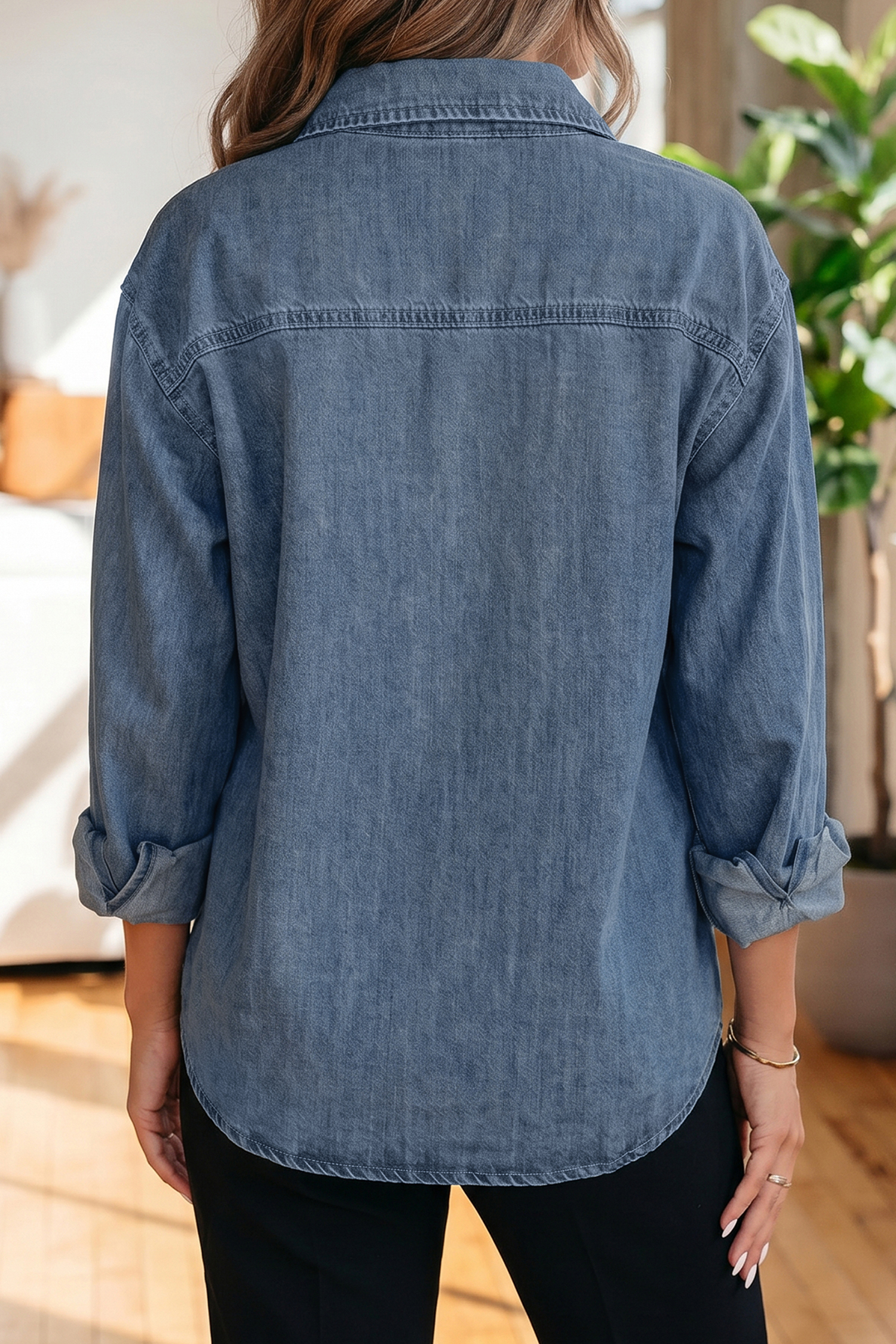 Sky Blue Color Block Pocket Detail Casual Button Down Denim Shirt - Image 2