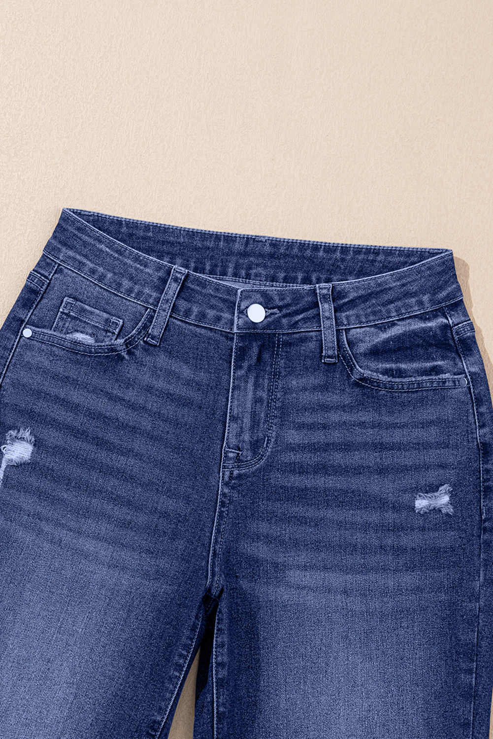 Real Teal Folded Cuffs Distressed Straight High Waist Jeans - Image 5