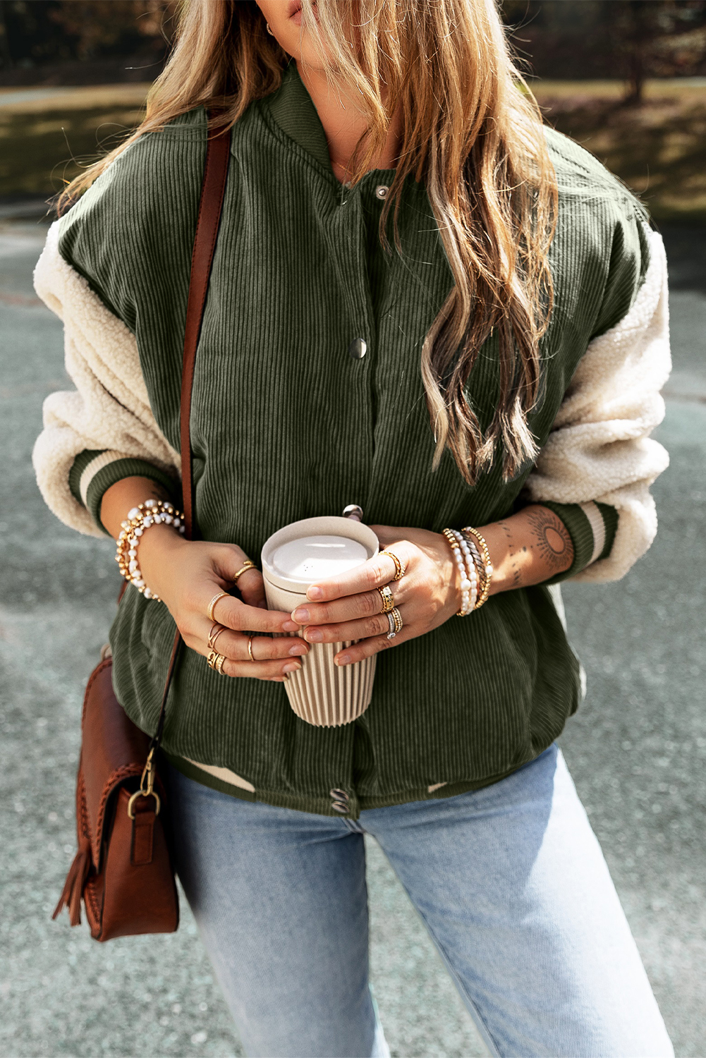 Buckskin Corduroy Fleece Patchwork Buttoned Bomber Jacket - Image 6