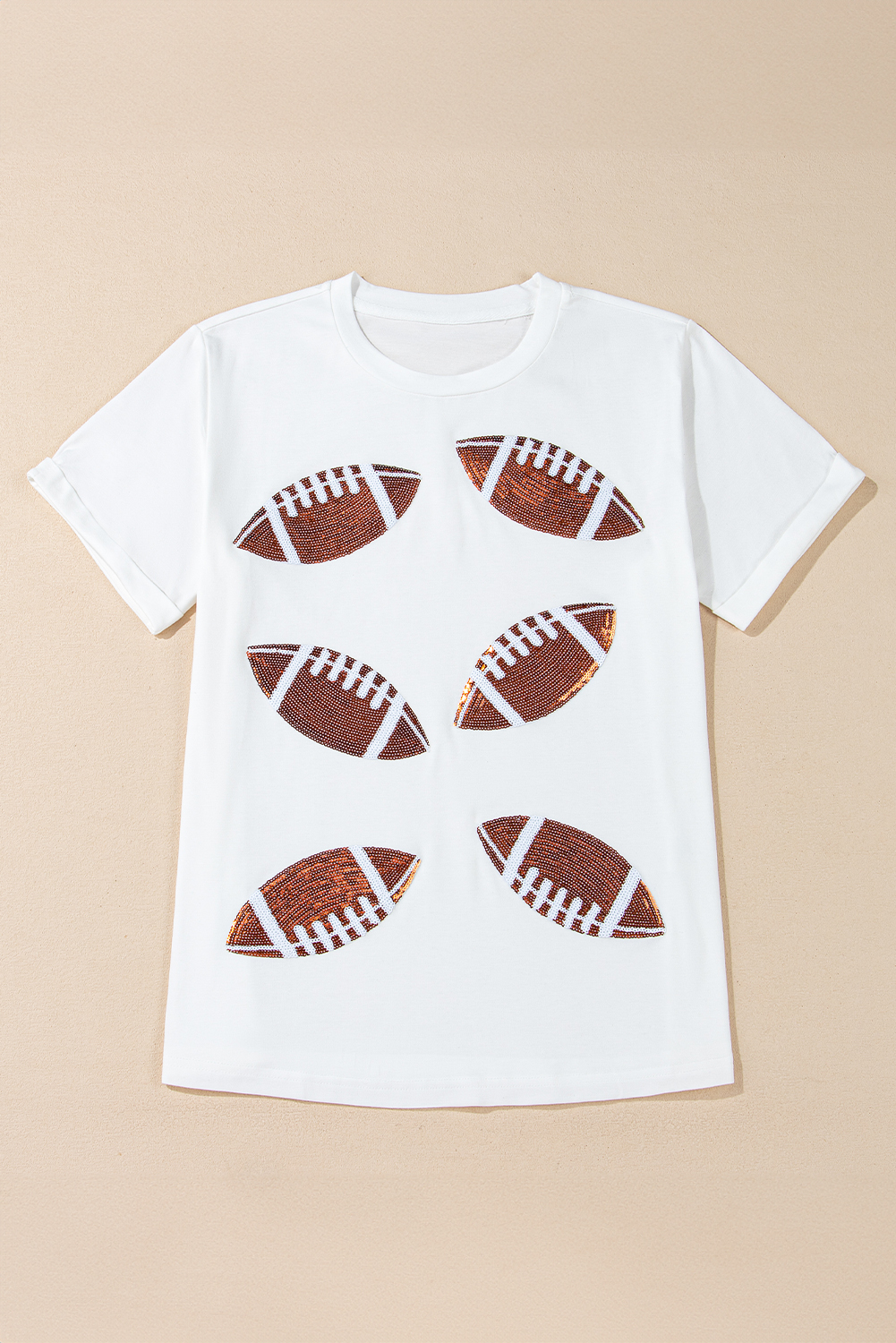 White Sequined Rugby Football Graphic Cotton T Shirt - Imagen 6