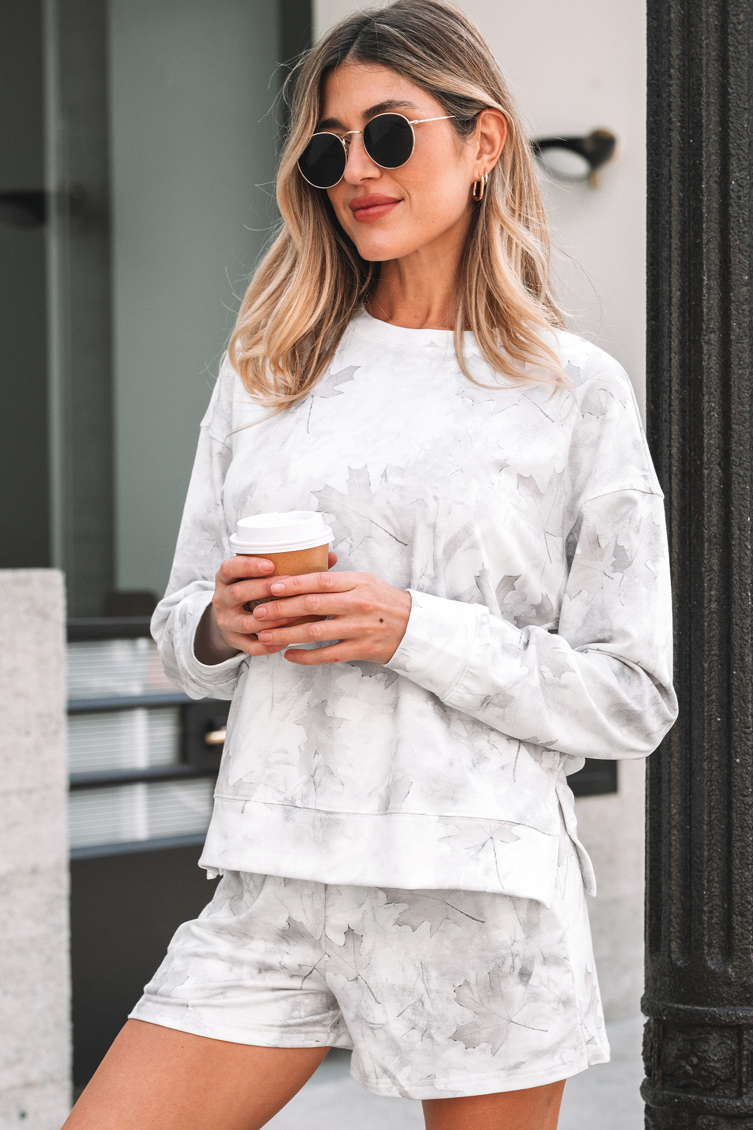 Beige Maple Camo Print Pullover Top and Elastic Waist Casual Short Set - Image 5