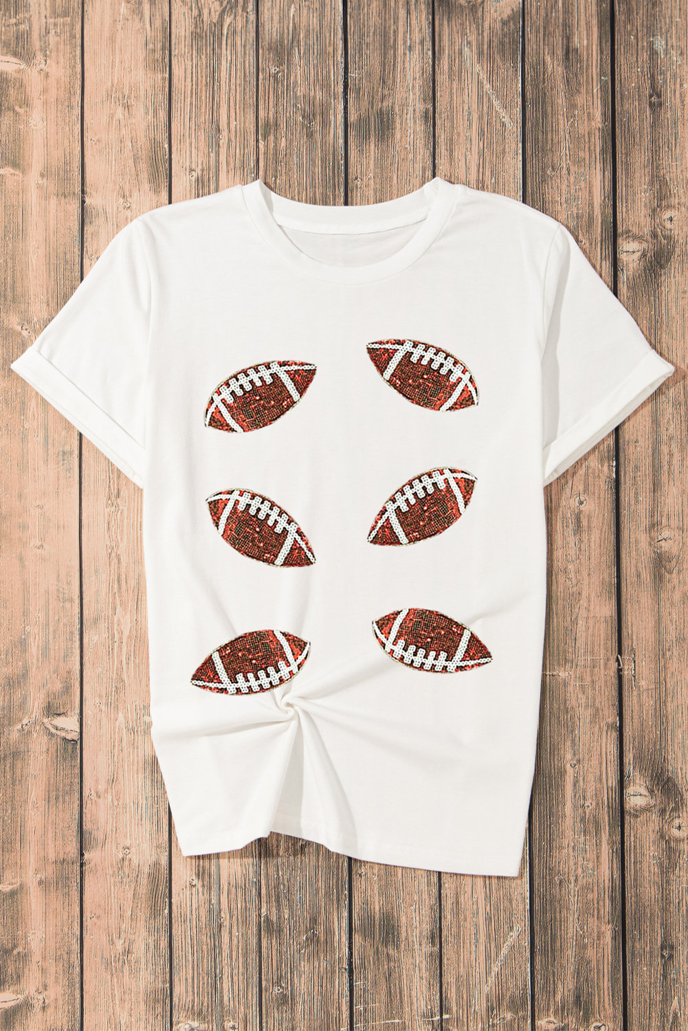White Sequined Rugby Football Graphic Cotton T Shirt - Imagen 4