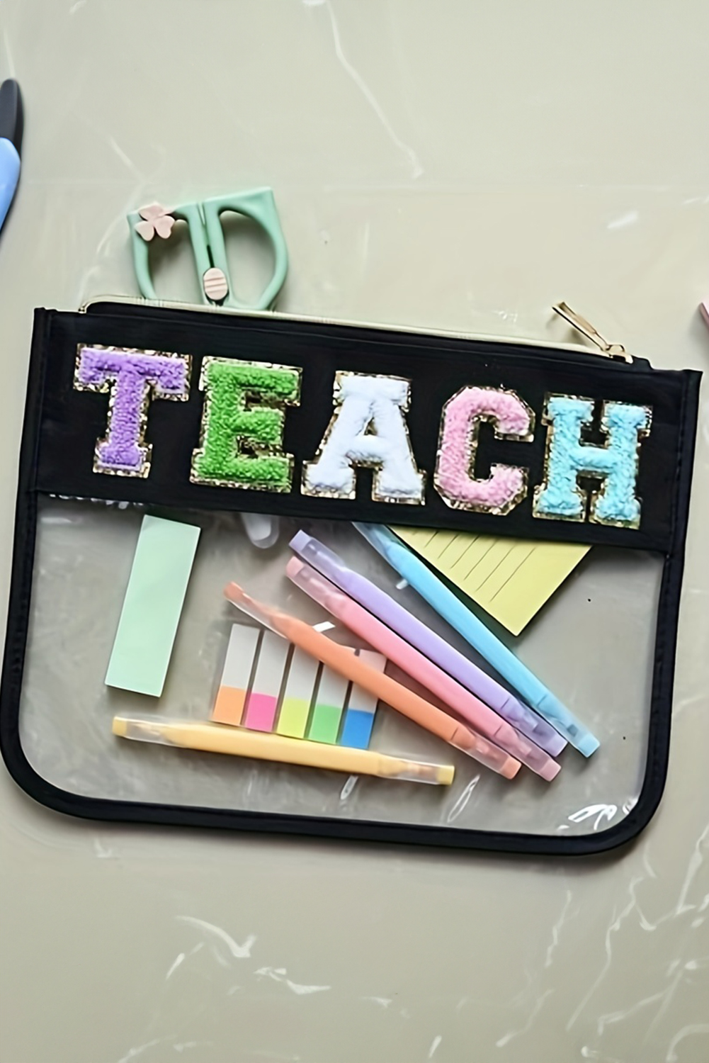 Black TEACH Glitter Chenille Clear PVC Makeup Bag - Image 8