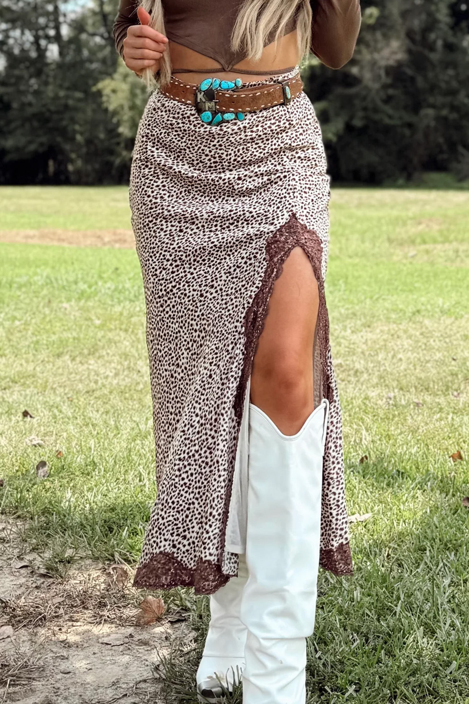 Brown Cheetah Print Trim Split Long Western Skirt - Image 3