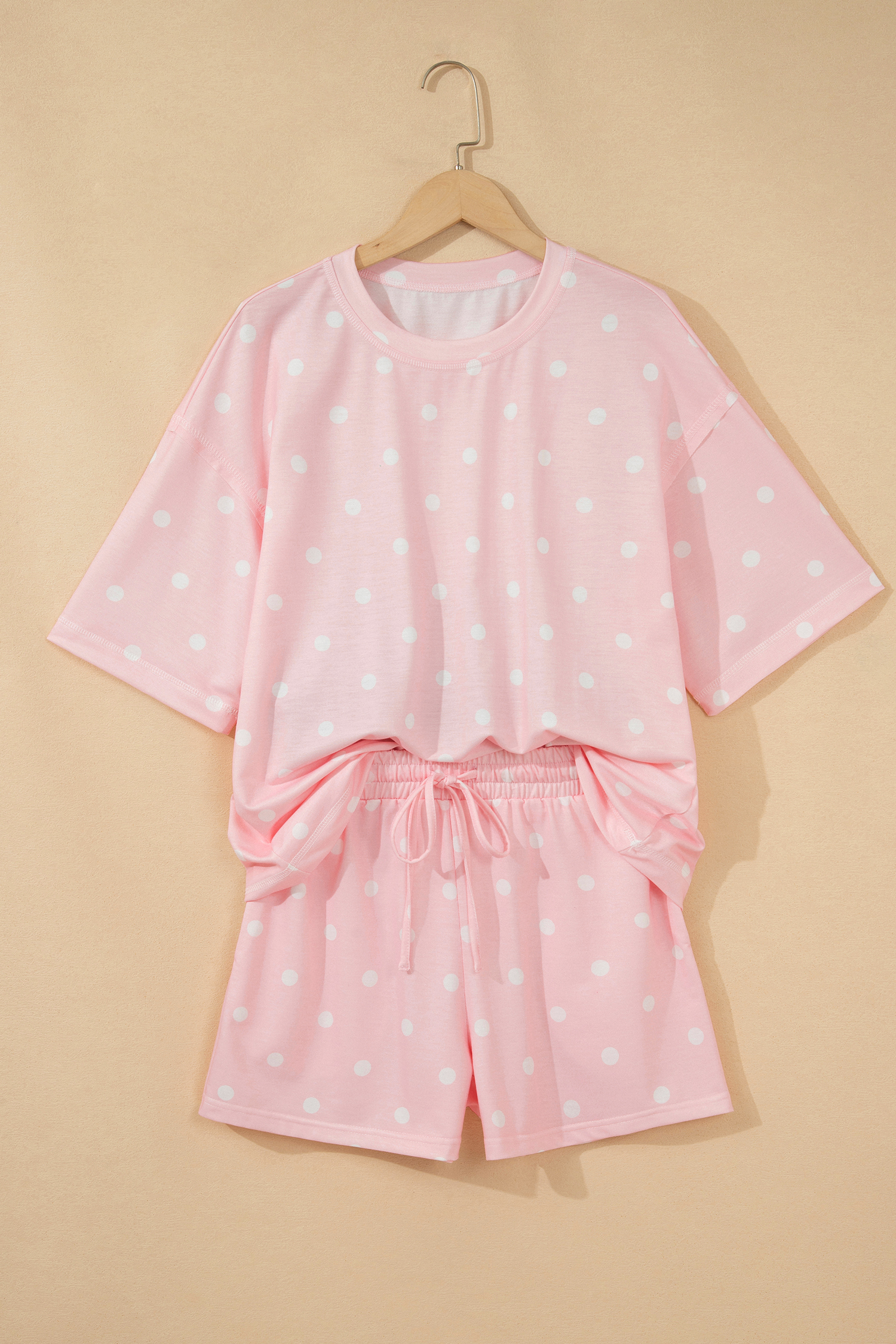 Pink Polka Dot Short Sleeve Loose Top Drawstring Shorts Set - Image 3