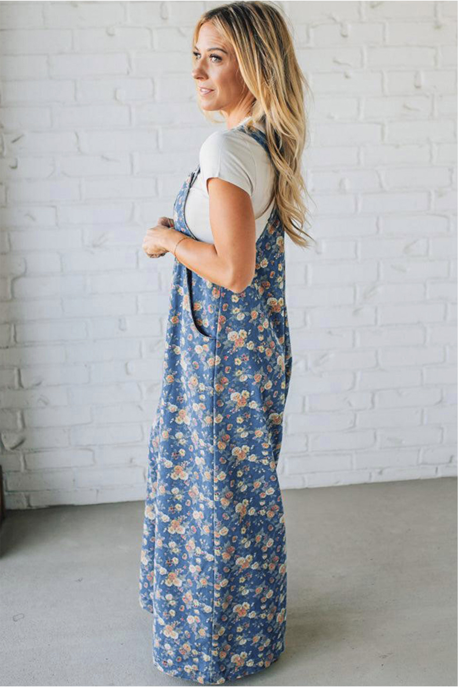 Blue Vintage Rose Printed Pleated Loose Denim Overall Jumpsuit - Image 3