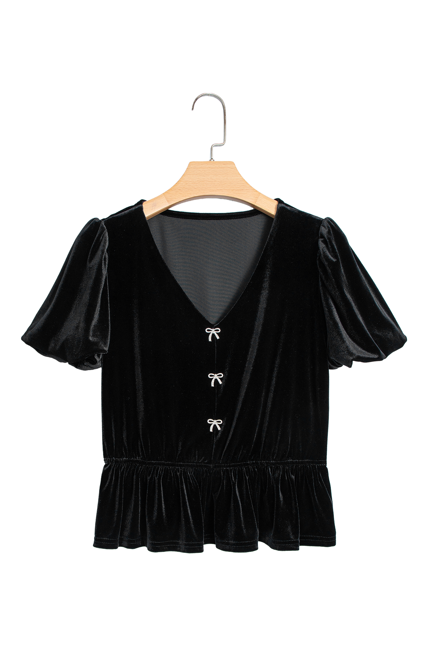 Black V Neck Bow Decoration Peplum Hem Shift Silhouette Short Sleeve Blouse - Image 12