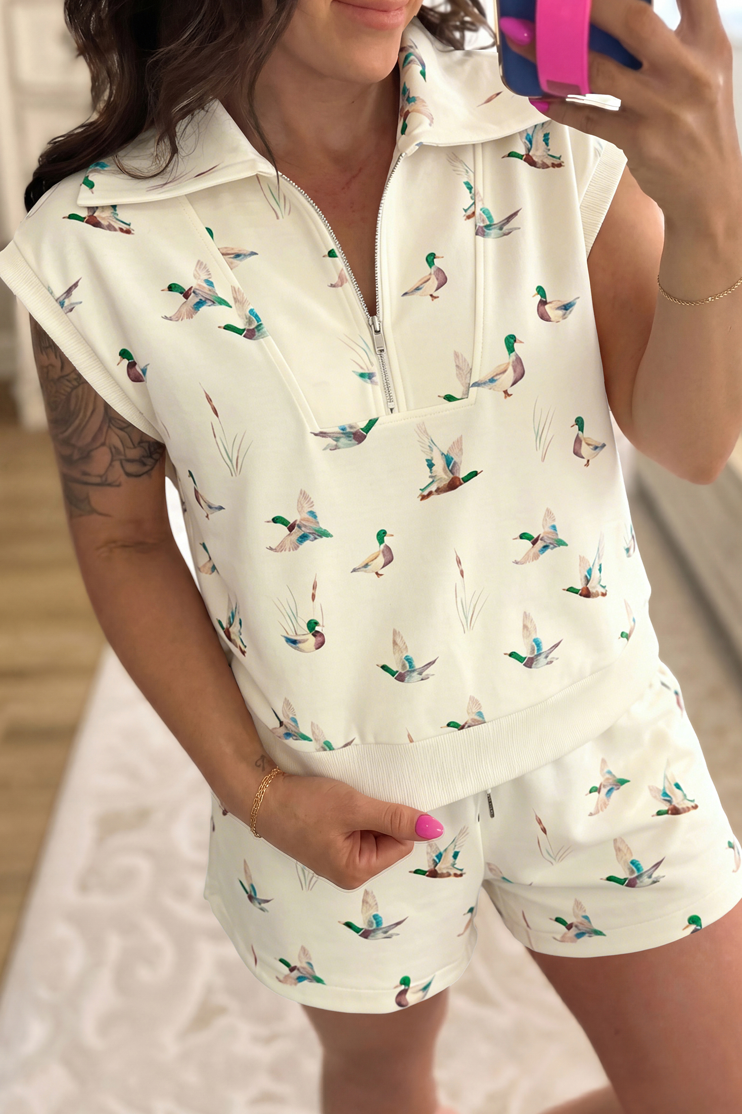 Beige Mallard Printed Zip Polo Tee Drawstring Short Set - Imagen 3