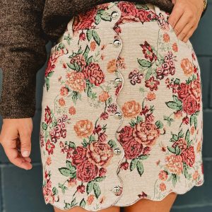 Apricot Buttoned Front Scalloped Trim Mini Jacquard Floral Skirt