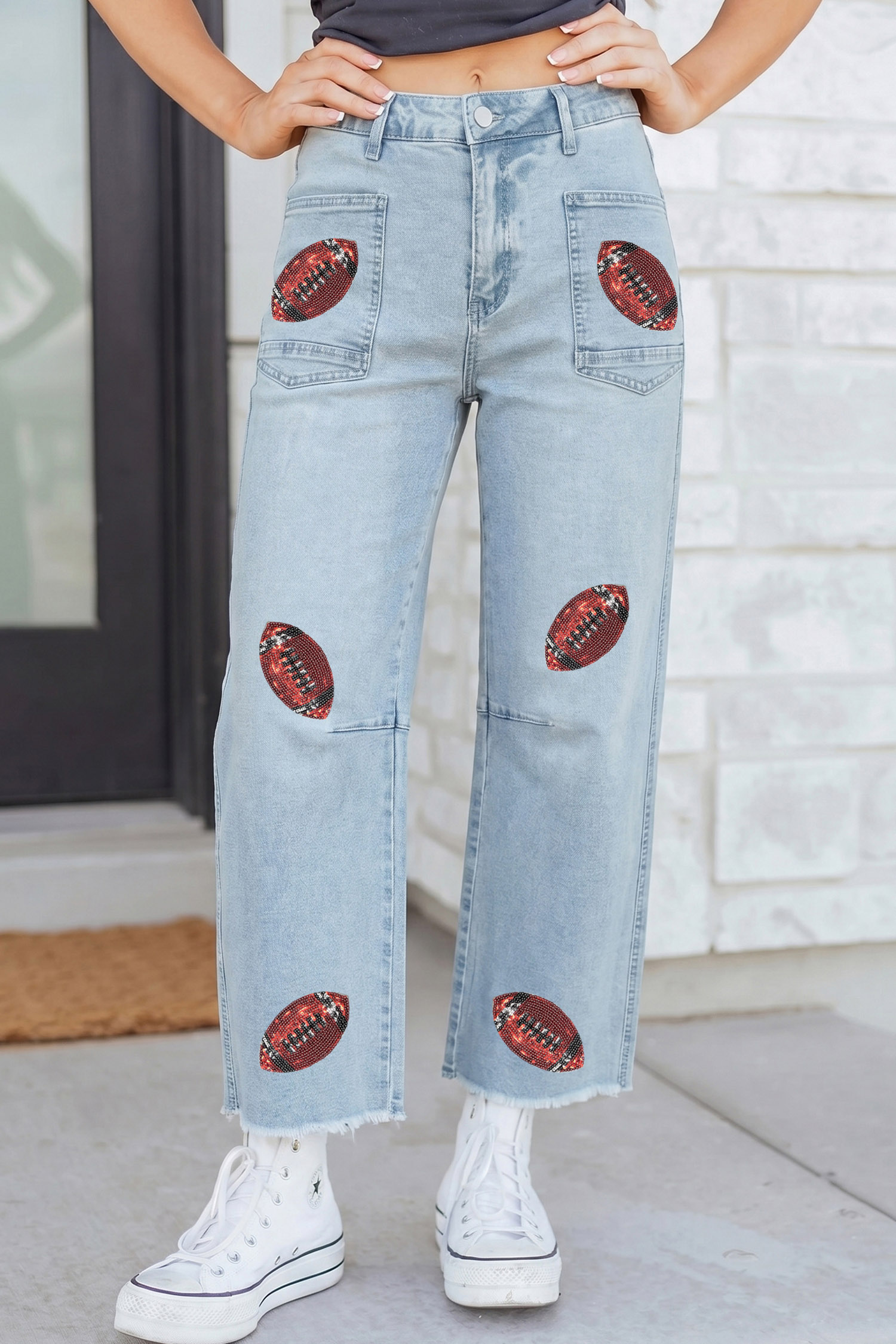 Beau Blue Sequin Rugby Pattern Raw Hem Casual Jeans - Image 5