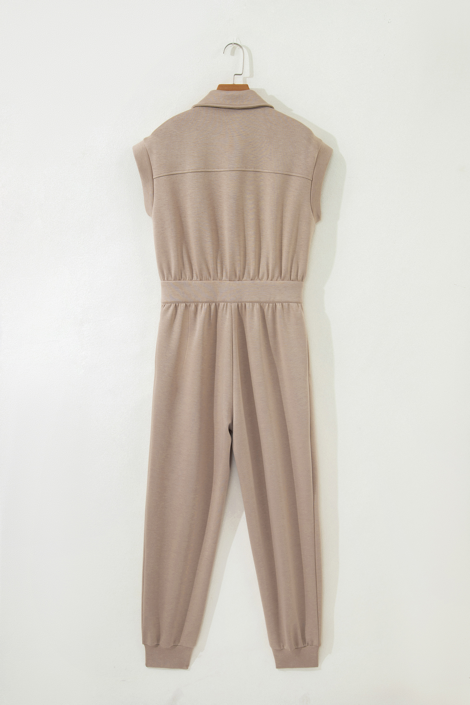 Dark Khaki Solid Color Zip Front Short Sleeve Collared Jumpsuit - Imagen 6