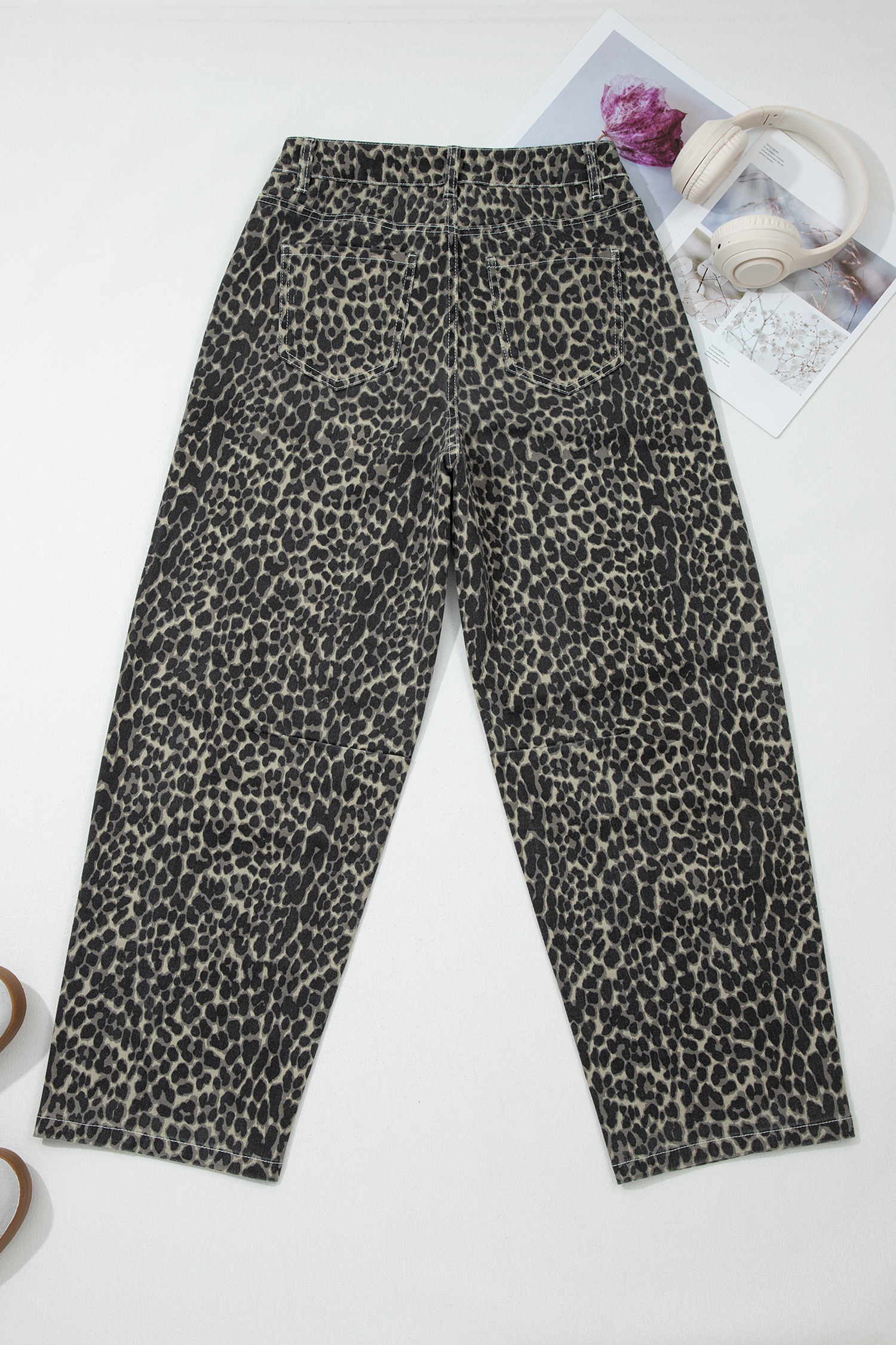 Black Leopard Print High Waist Barrel Jeans - Image 7