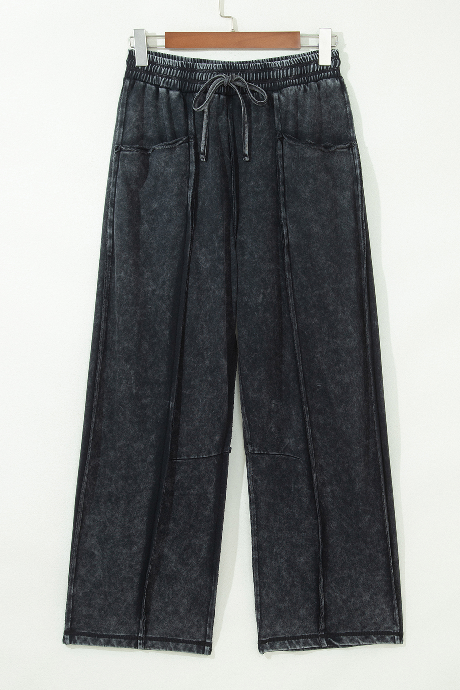 Black Mineral Wash Raw Seam Drawstring Elastic Waist Barrel Pants - Image 4