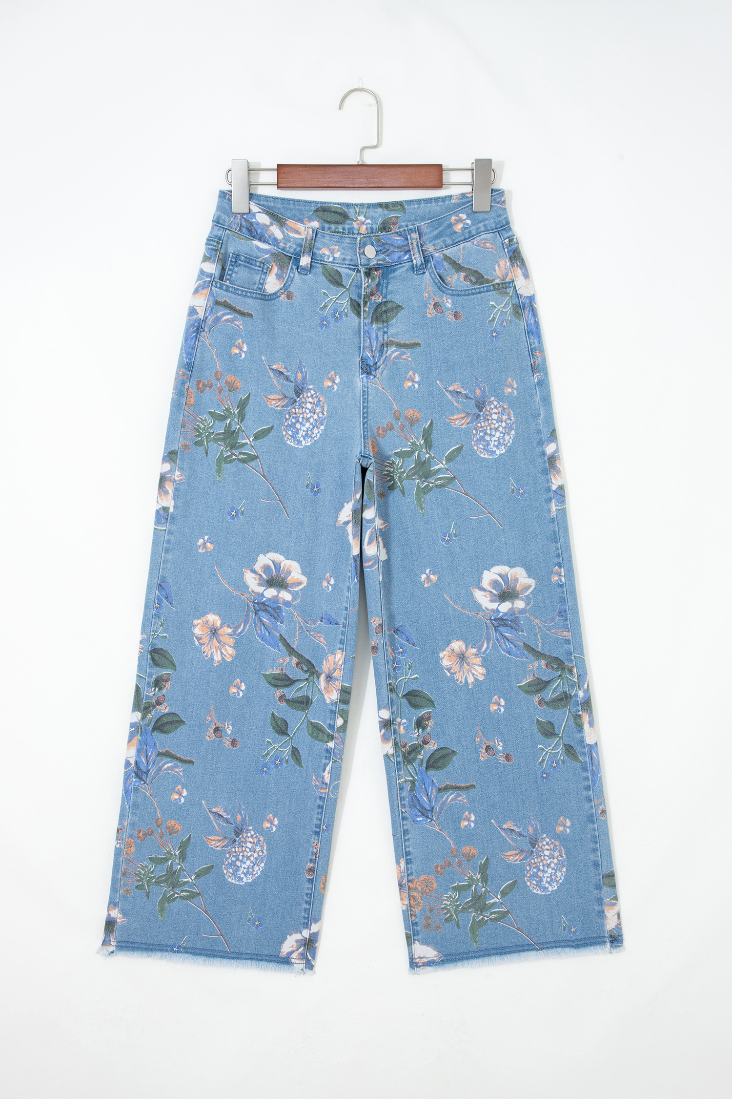 Sky Blue Retro Floral Print Frayed Hem Shift Jeans - Image 4