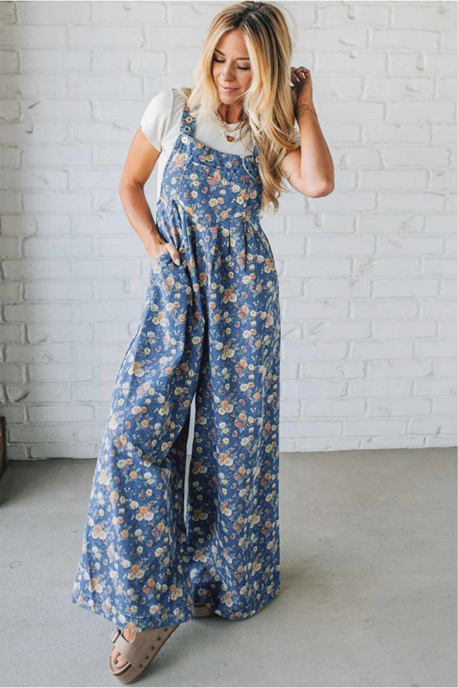 Blue Vintage Rose Printed Pleated Loose Denim Overall Jumpsuit - Image 6