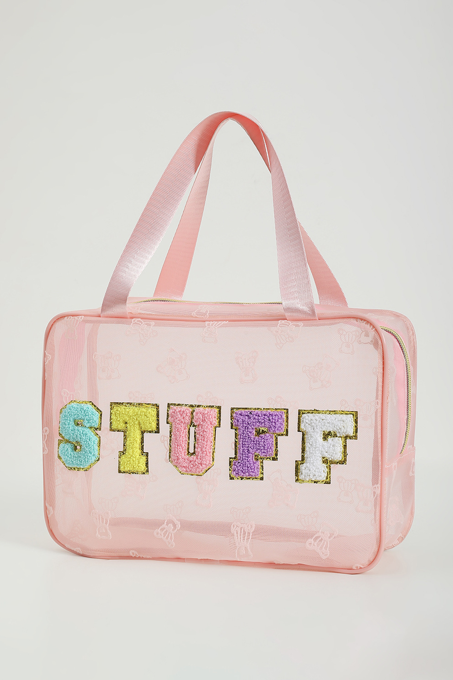 Color black STUFF Chenille Letter Patched Teddy Bear Mesh Lightweight Makeup Bag - Image 5