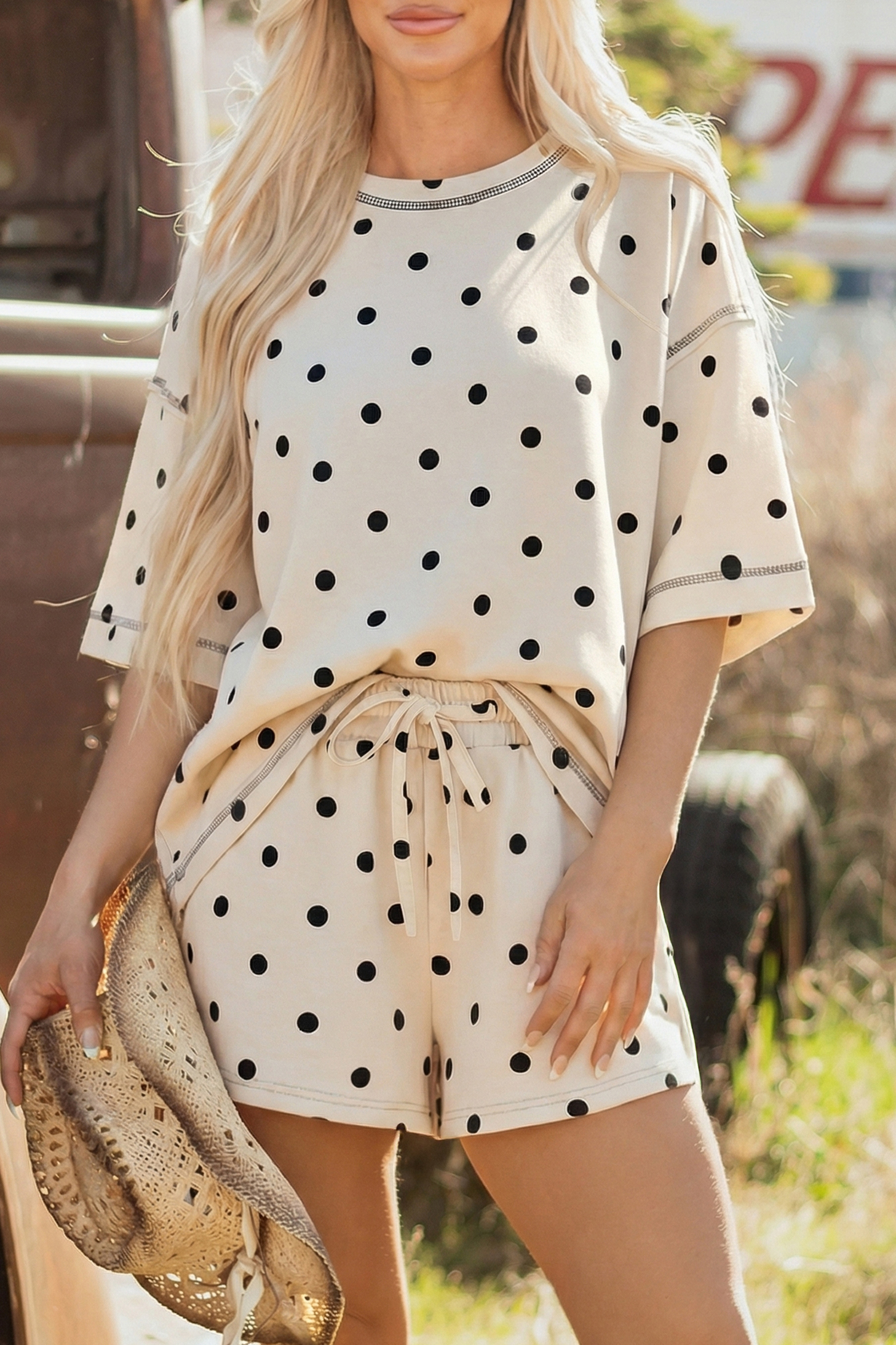Pink Polka Dot Short Sleeve Loose Top Drawstring Shorts Set - Image 7