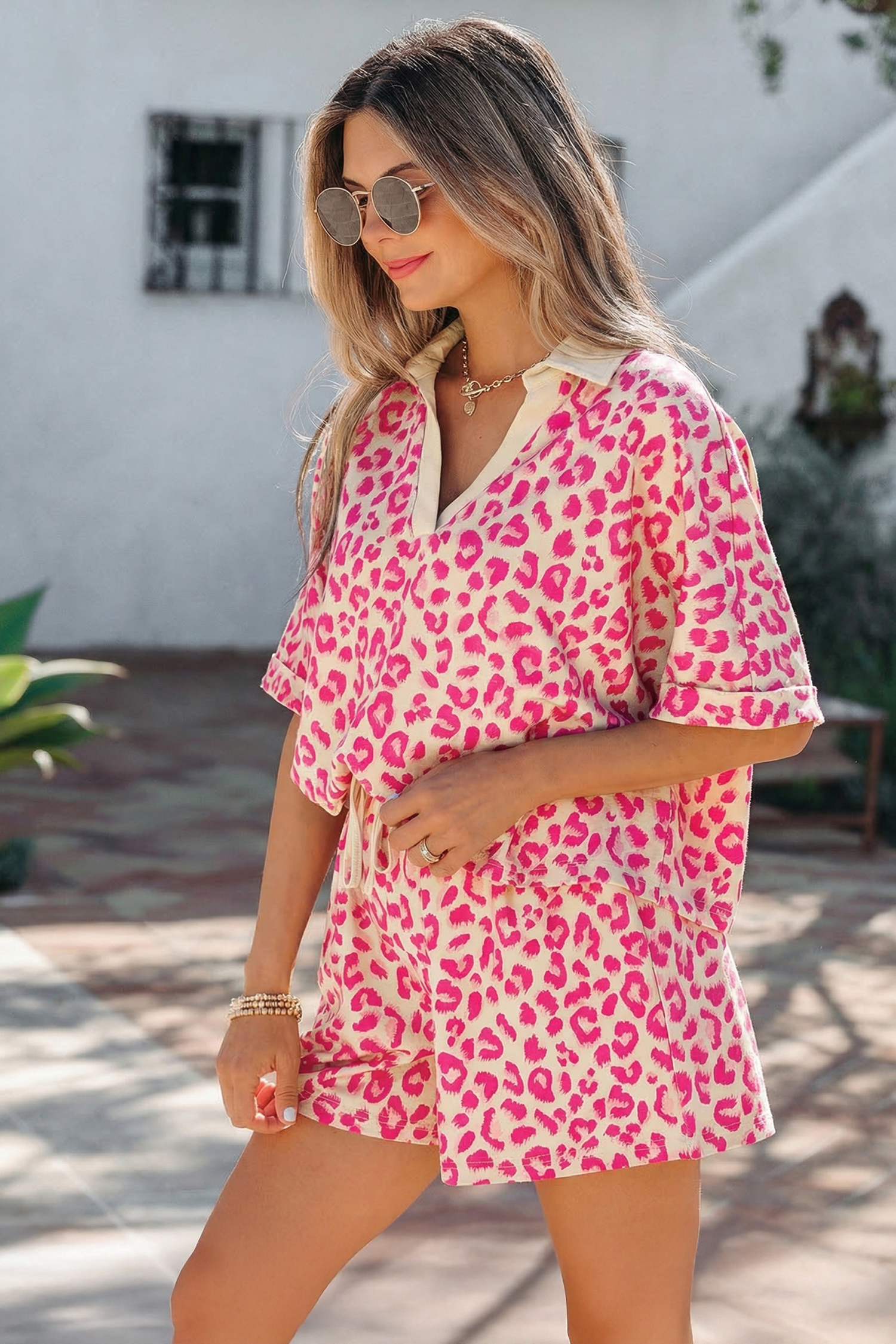 Khaki V Neck Collar Leopard Printed 2pcs Short Set - Imagen 9