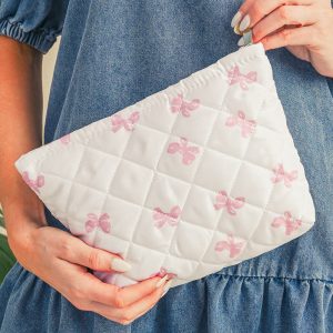 White Bow Knot Print Zipper Quilted Large Cosmetic Bag