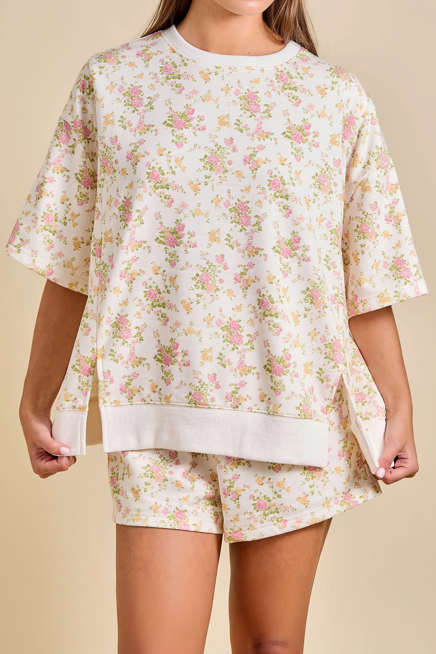 Pink Floral Print Short Sleeve Elastic Waist Pocket Two Piece Set - Imagen 3