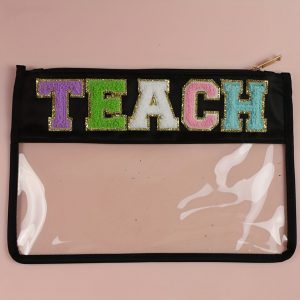 Black TEACH Glitter Chenille Clear PVC Makeup Bag