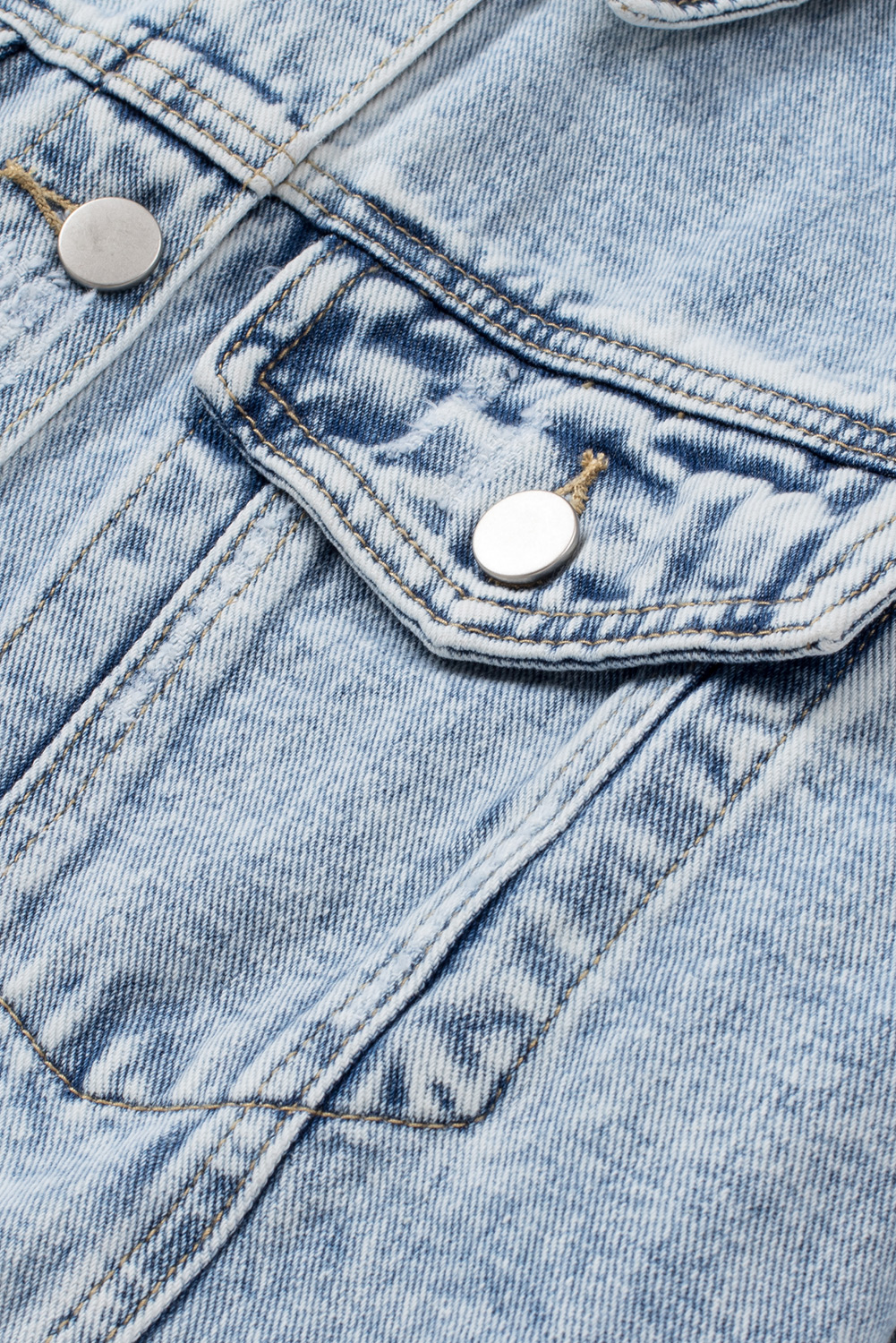 Sky Blue Lapel Distressed Raw Hem Buttons Denim Jacket - Image 8