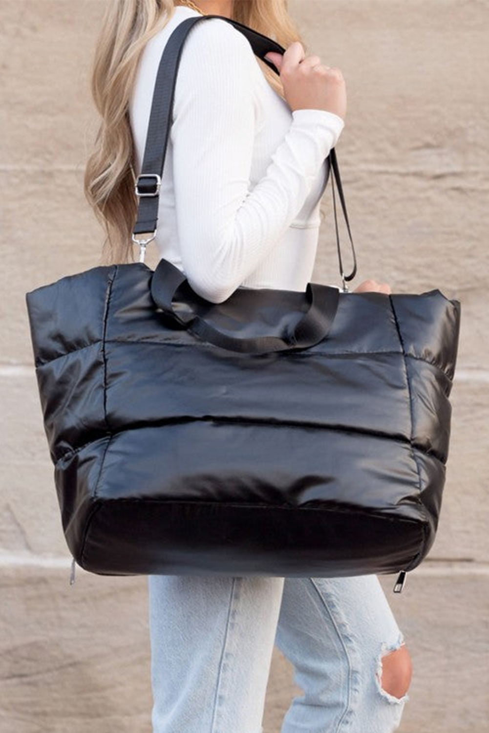 Black Solid Zipper Puffer Large Tote Bag - Image 2
