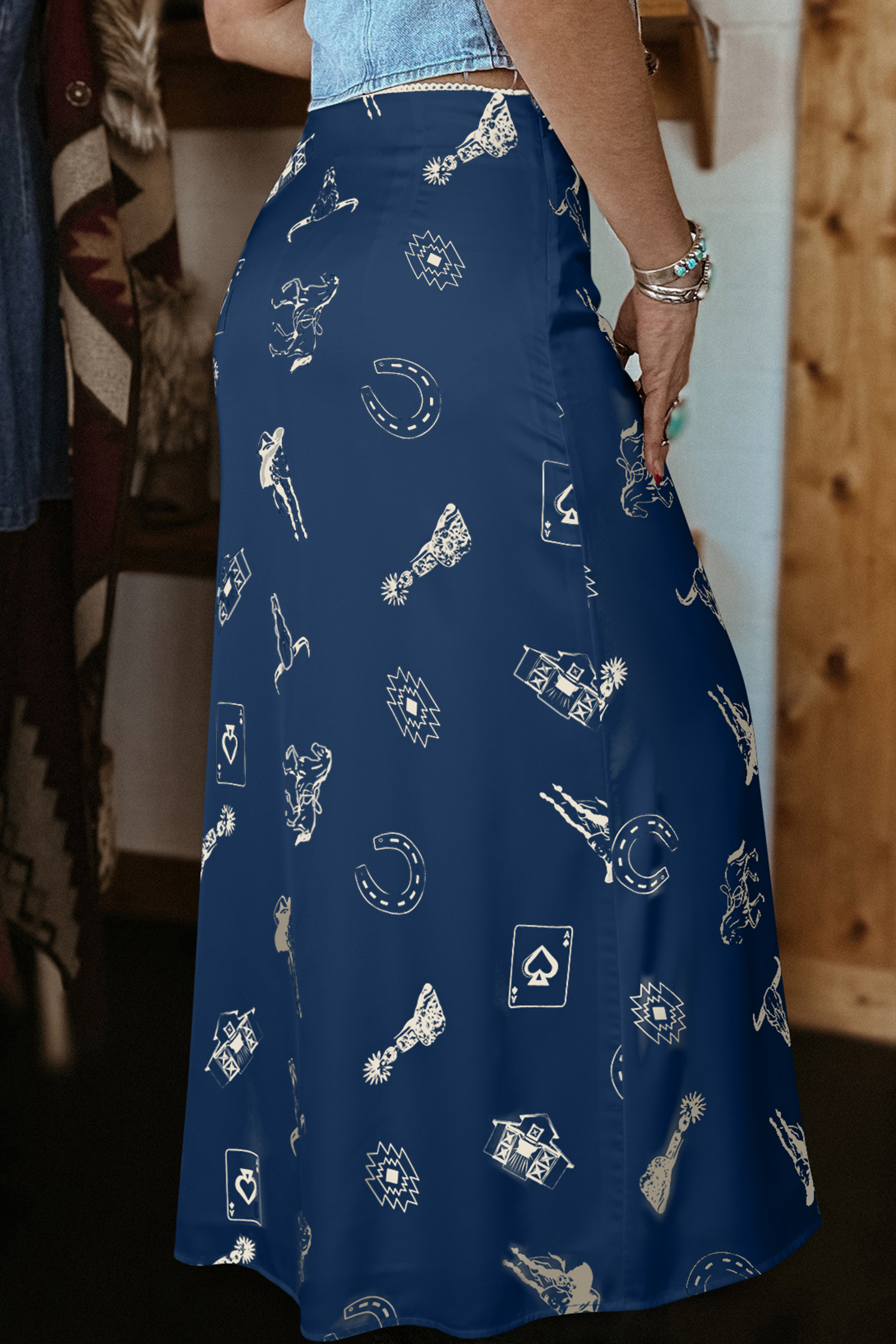 White Western Print Satin Long Skirt - Image 5