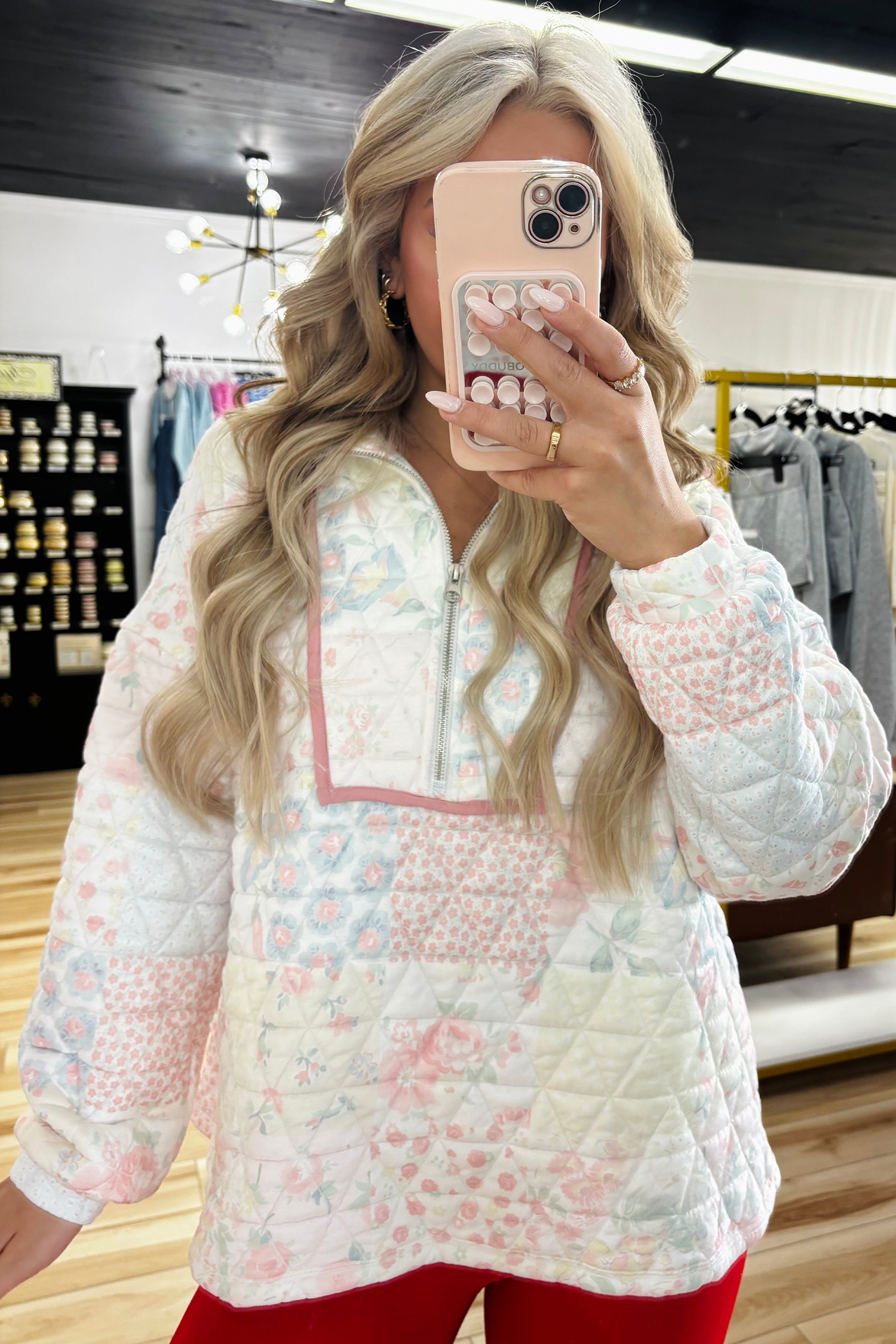 Multicolour Floral Quilted Metal Zipper Collar Long Sleeve Sweatshirt - Image 3