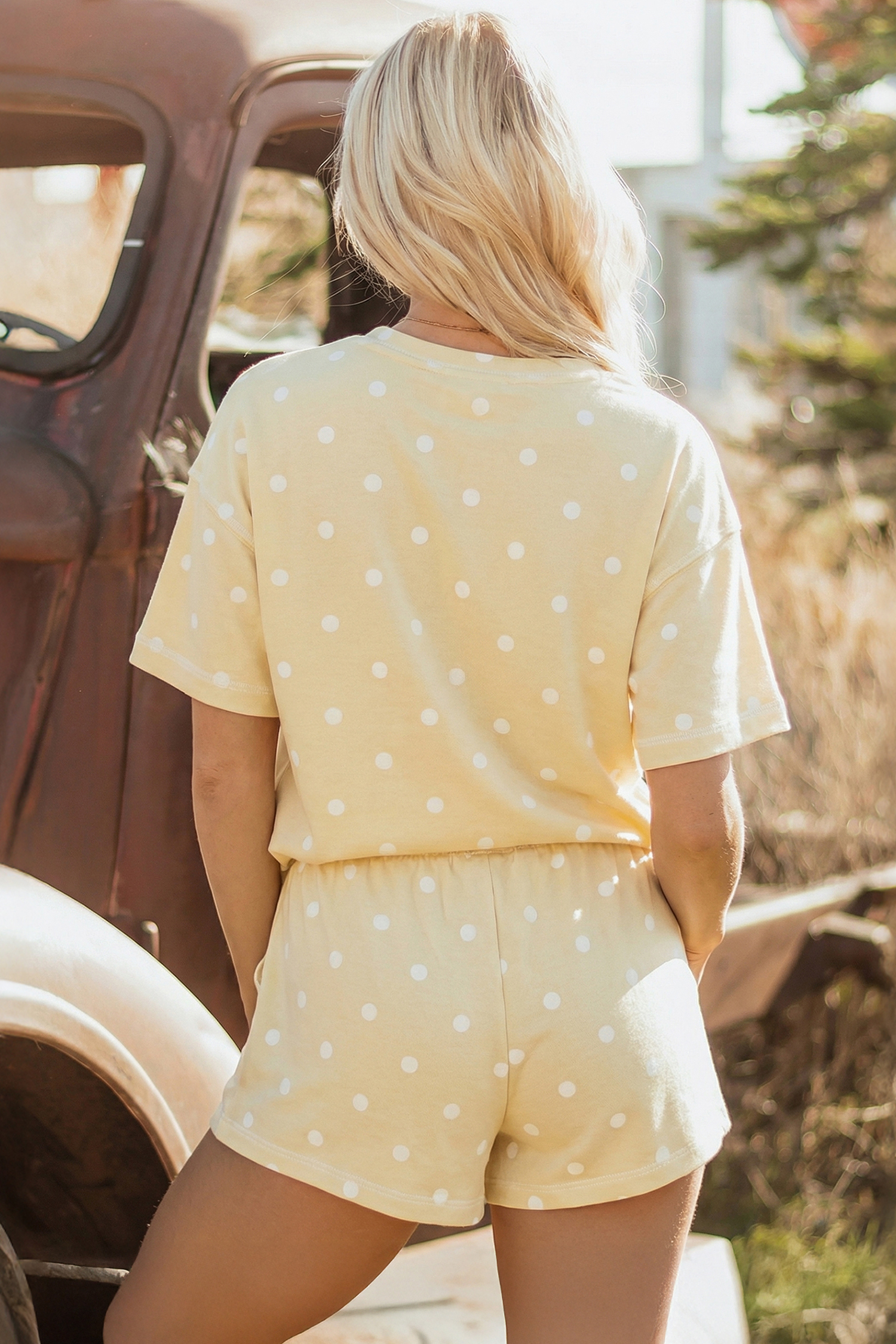 Pink Polka Dot Short Sleeve Loose Top Drawstring Shorts Set - Image 5
