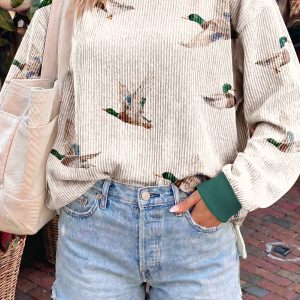 Beige Twisted Ribbed Duck Print Crewneck Casual Pullover Top