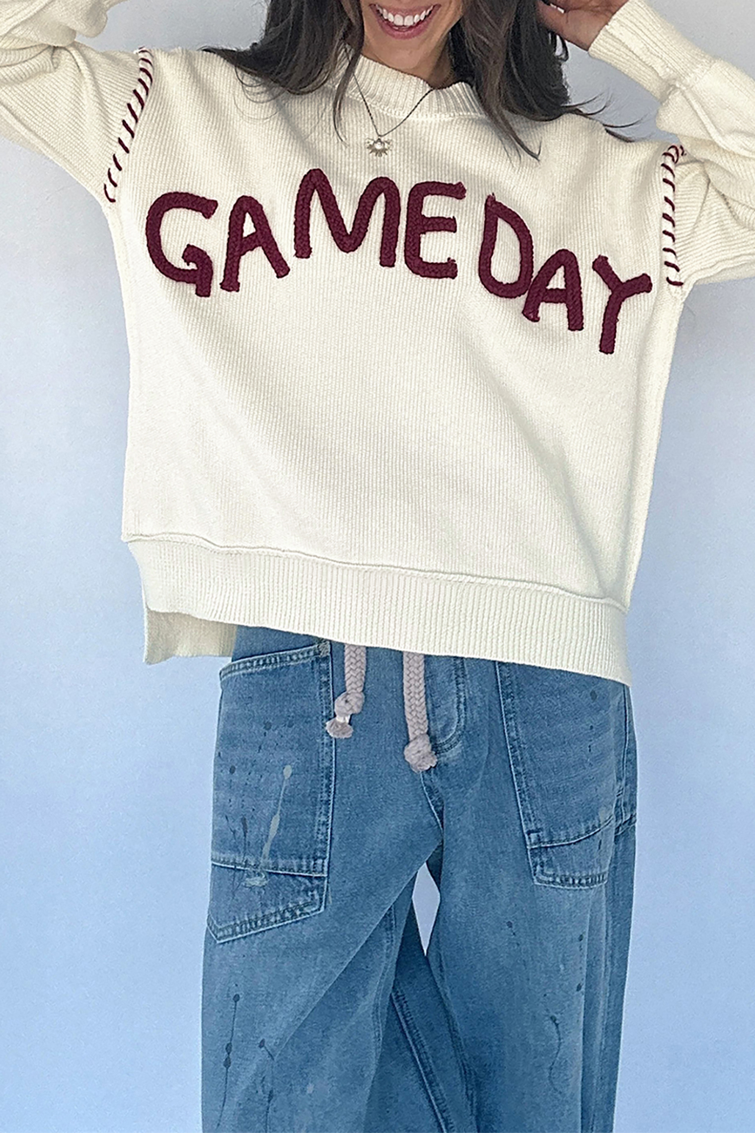 Beige Drop Shoulder Game Day Letter Print Pullover Sweater - Imagen 3