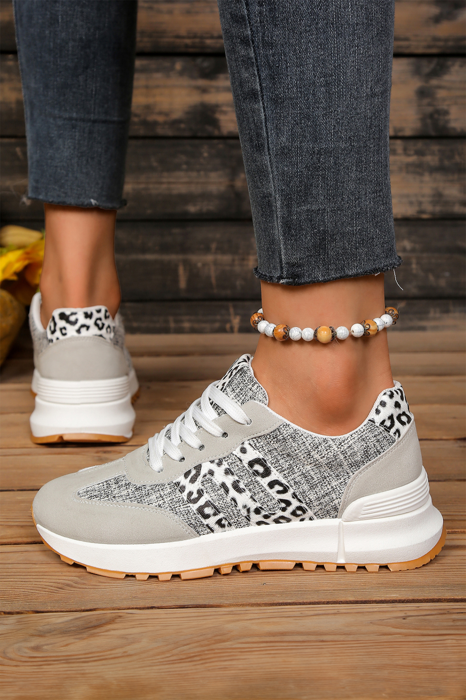 White Mix Texture Patchwork Leopard Detail Lace Up Sneakers - Imagen 3