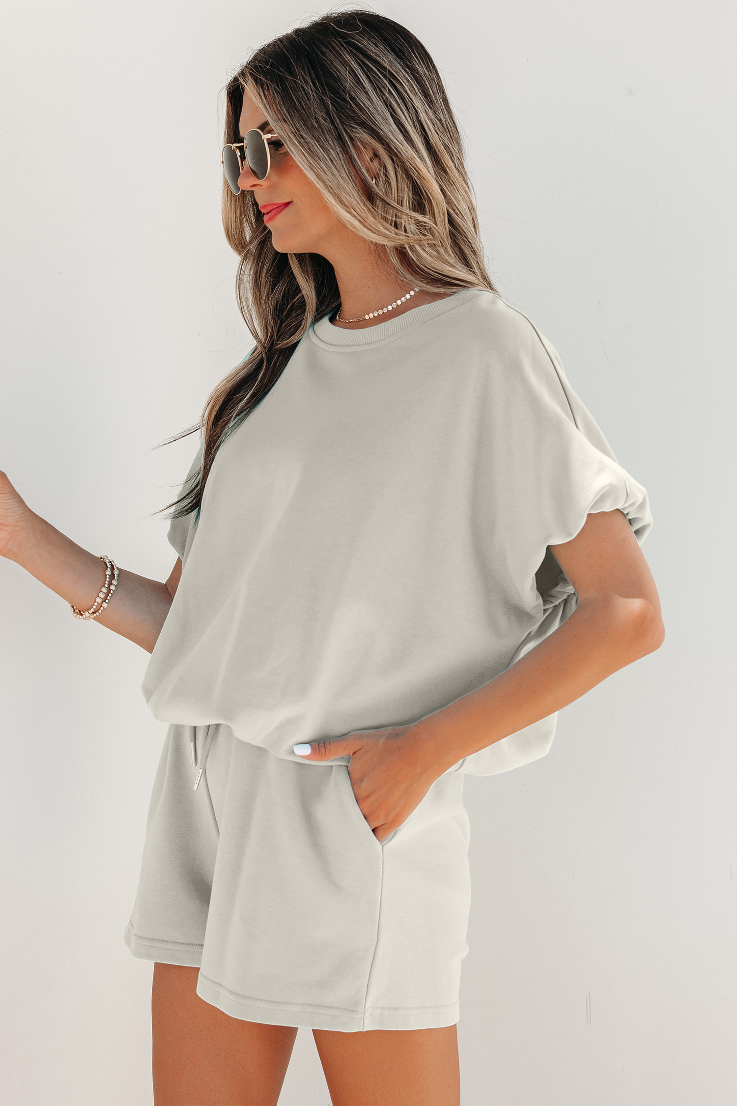Light Blue Solid Color Puffy Loose Top Drawstring Shorts 2pcs Outfit - Imagen 6