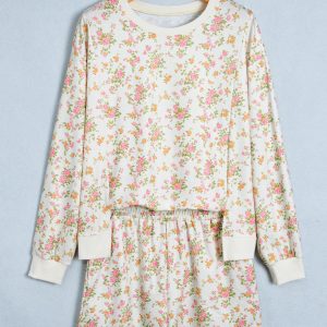 Beige Floral Print Long Sleeve Shift Top Pocketed Shorts 2pcs Set