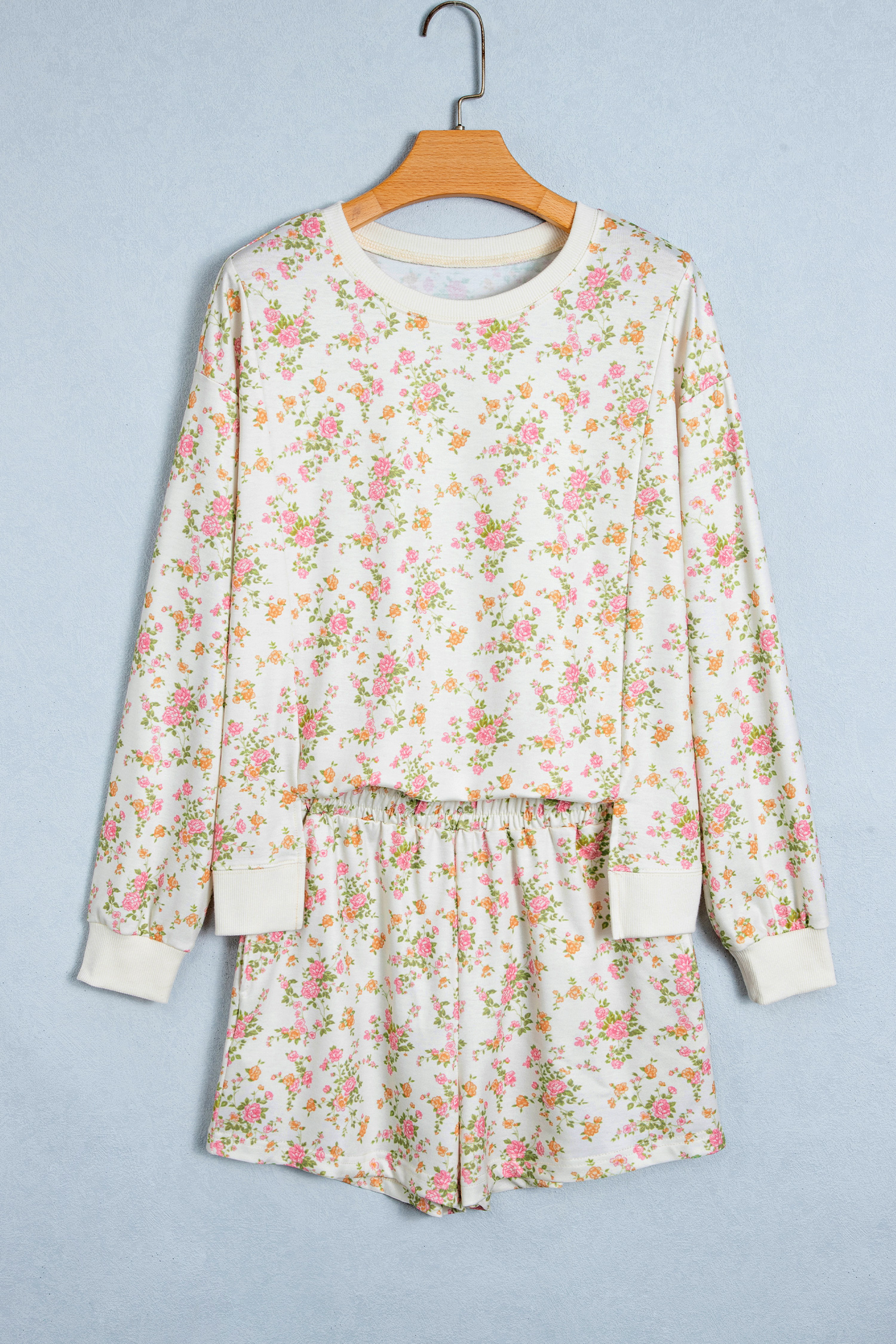 Beige Floral Print Long Sleeve Shift Top Pocketed Shorts 2pcs Set - Imagen 3