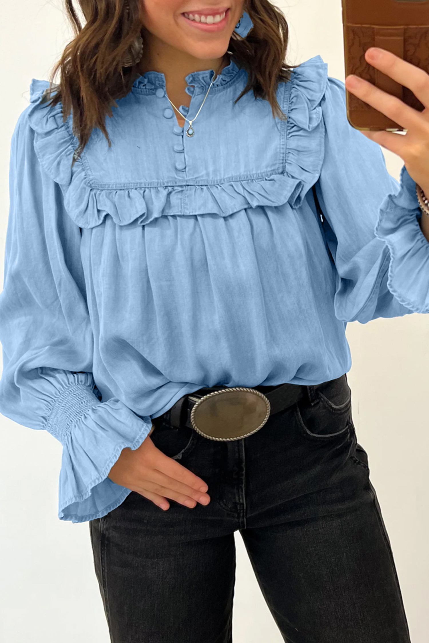 Beau Blue Western Ruffle V Neck Long Sleeve Chambray Blouse - Image 3