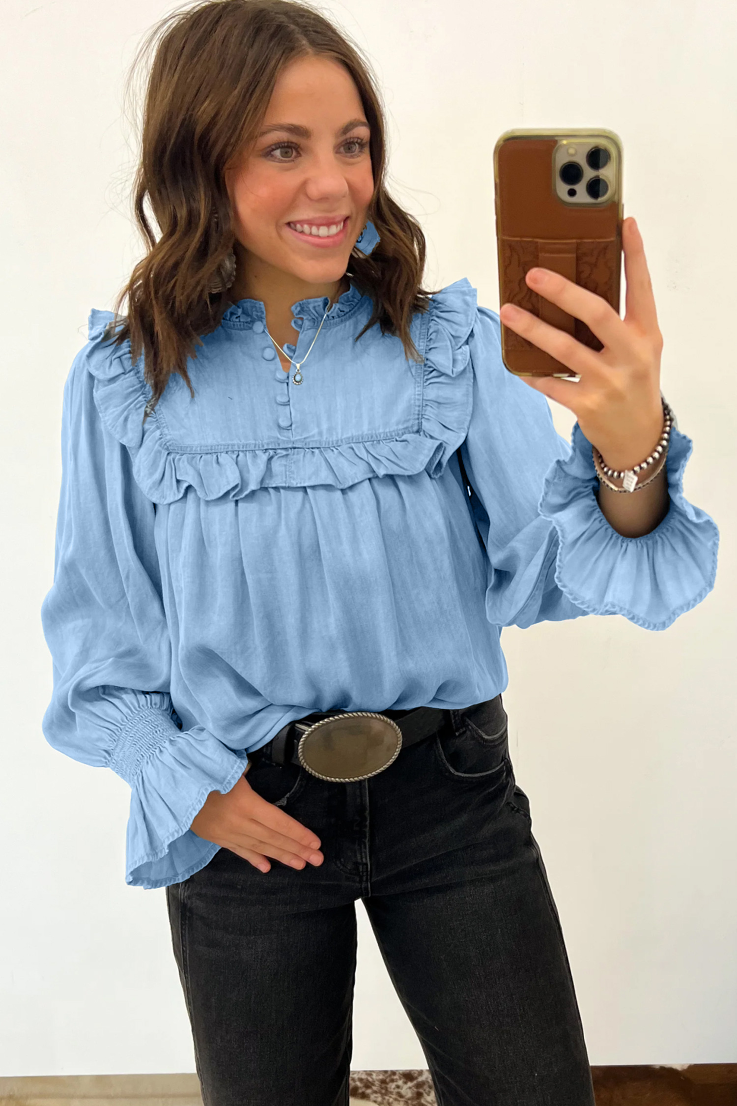 Beau Blue Western Ruffle V Neck Long Sleeve Chambray Blouse - Image 6