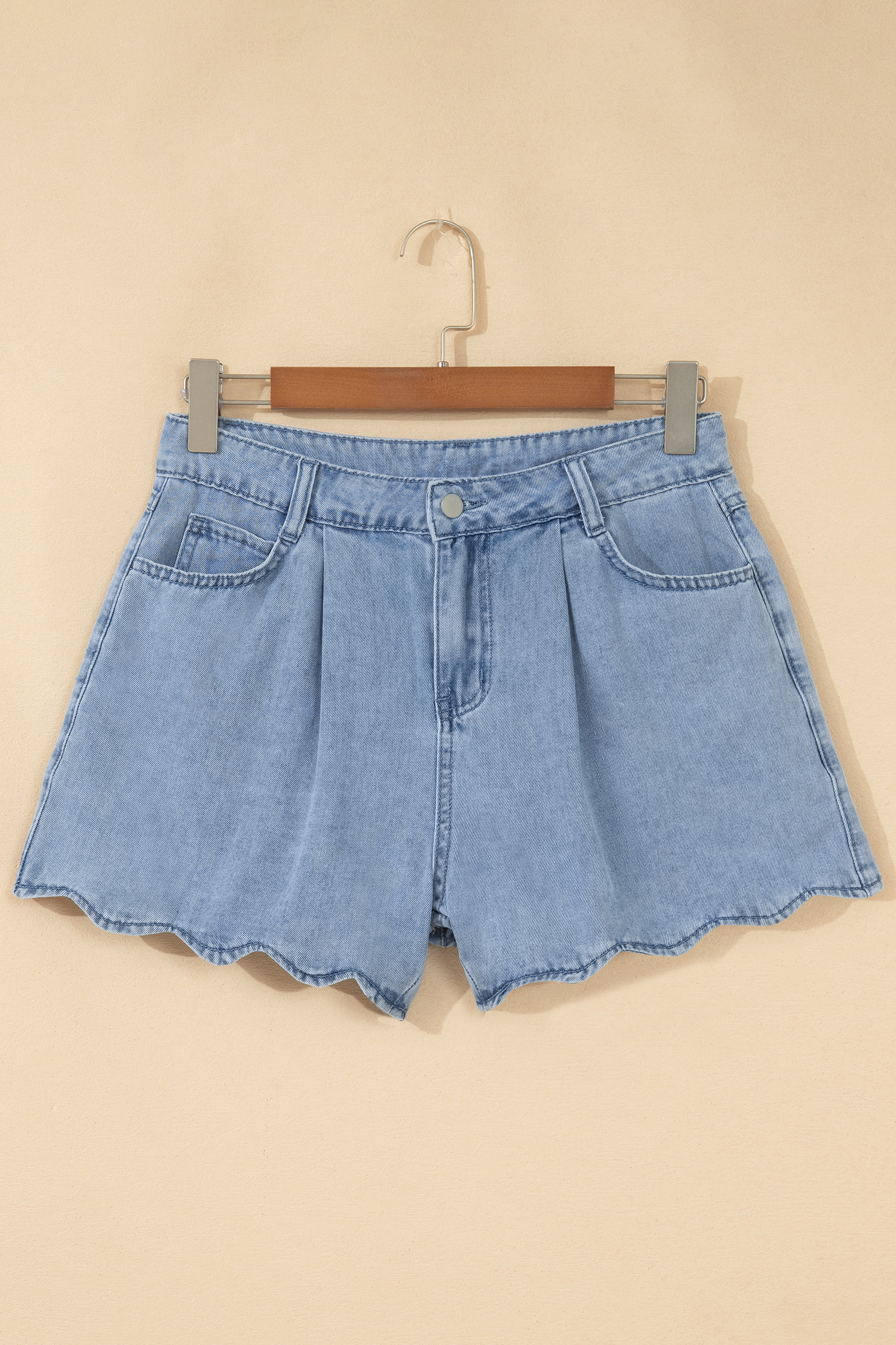 Myosotis Solid Color Scalloped Trim Casual Denim Shorts - Image 6