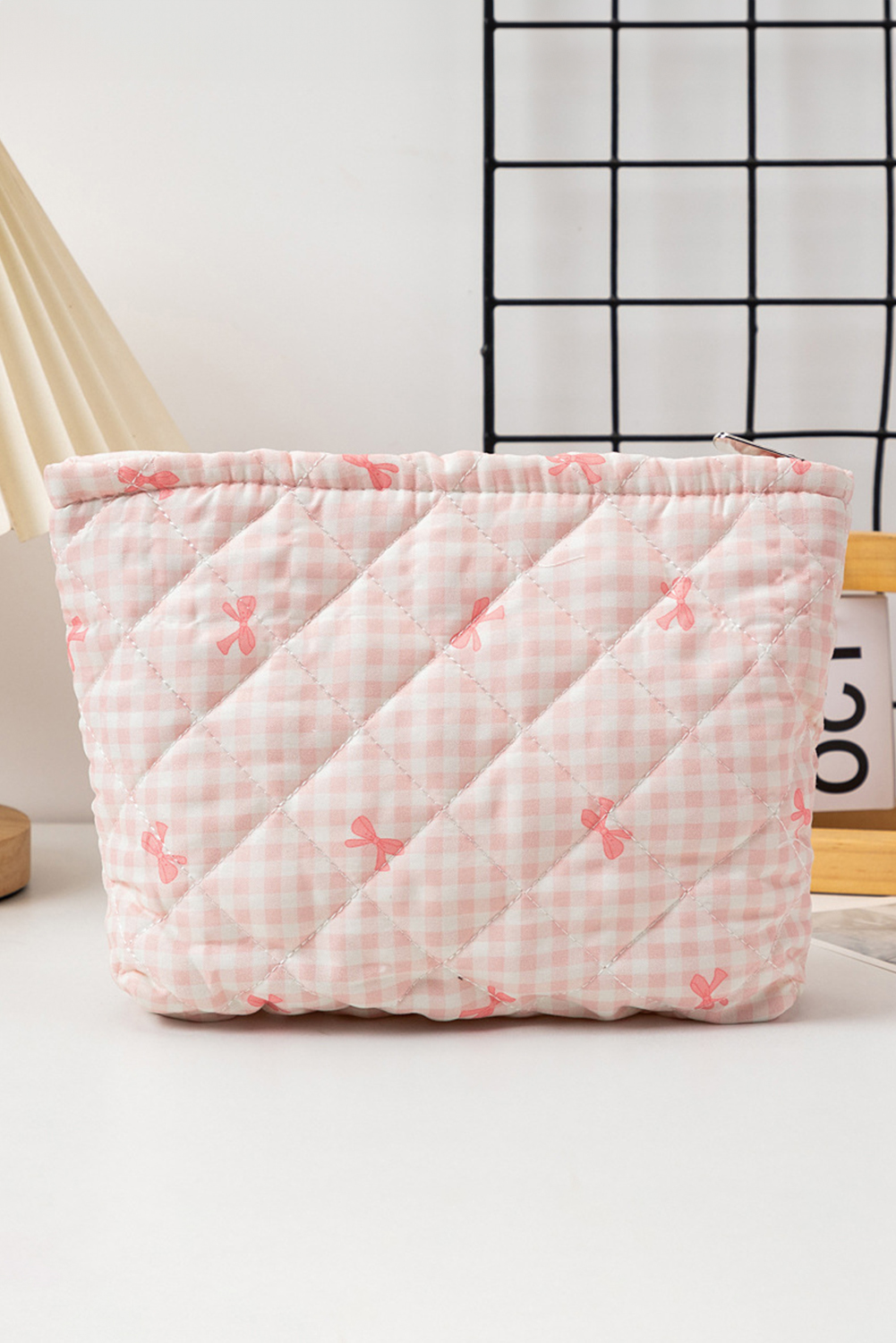 White Bow Knot Print Zipper Quilted Large Cosmetic Bag - Image 4